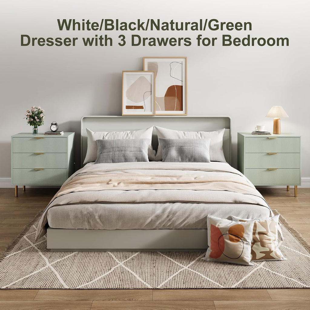 GarveeHome Green Dresser, Modern 3 Drawer Dresser for Bedroom with Gold Handle and Large Drawer, Wood Double Chest of Drawers and Storage Organizer for Living Room, Hallway, Entryway