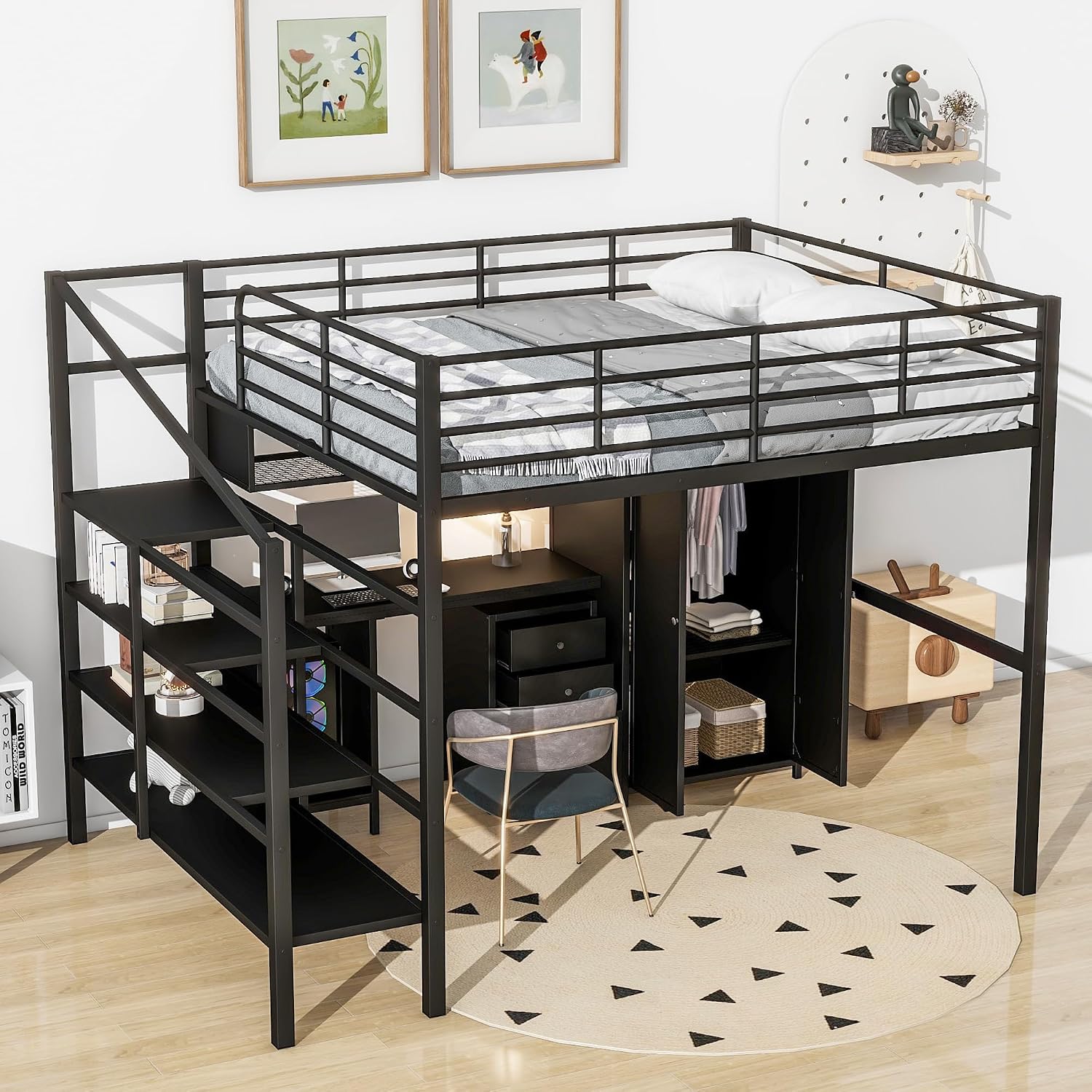 Full Size Loft Bed with Table Set, Wardrobe and Drawers, Metal Loft Bed Frame with Storage Staircase and Full-Length Guardrail for Kids Teens Boys Girls Adults Bedroom (Black-04)