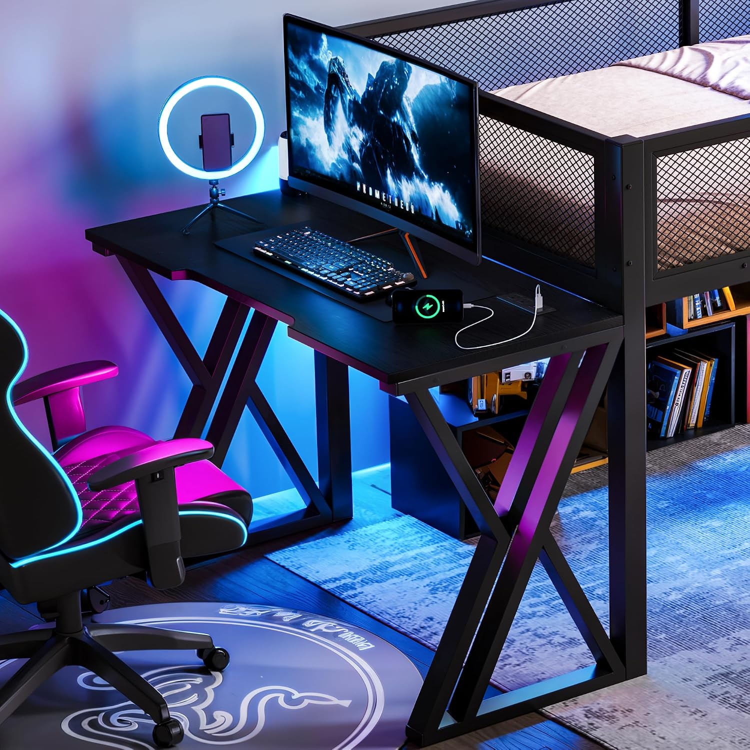 Twin XL Size Gaming Loft Bed with Desk of X-Shaped Leg, LED Lights & USB Ports, Space-Saving Low Metal Loft Bed Frame with Ladder & Mesh Guardrail for Dorm, Bedroom & Gaming Setups (Black-03, Twin XL)