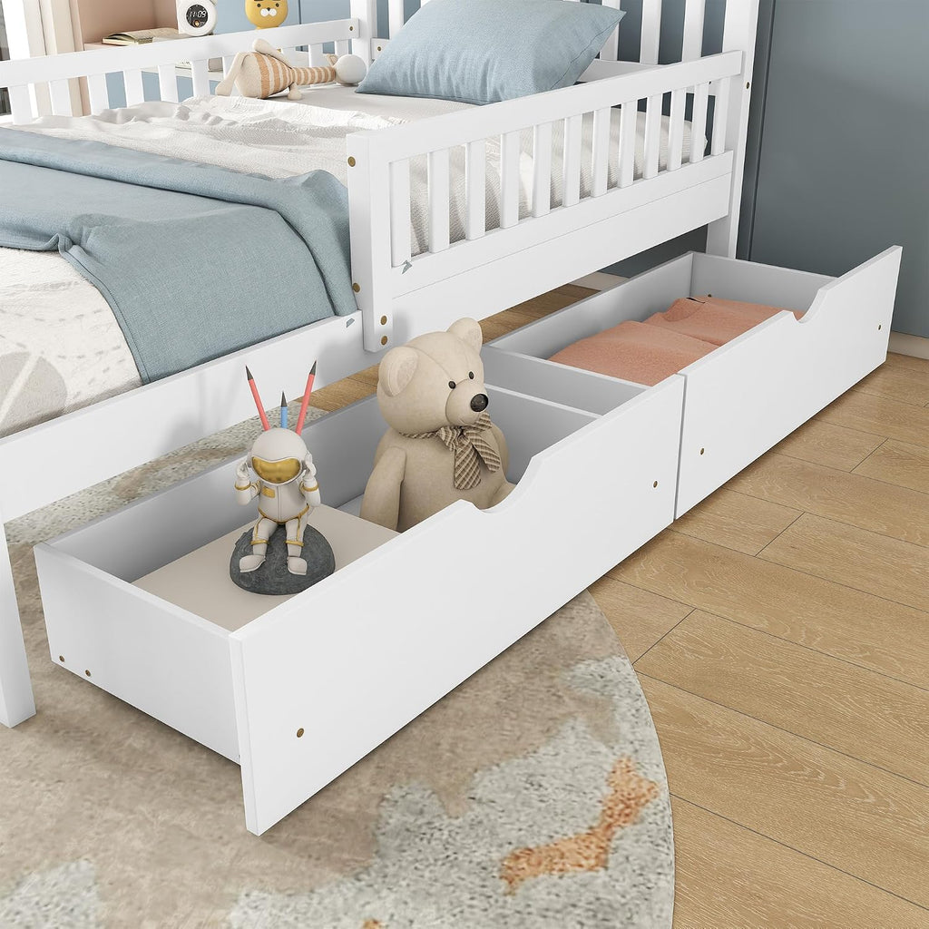 Kids Twin Size Bed Frame with Storage Drawers, Wood Twin Bed Frames for Kids, Twin Bed Frame with Headboard and Footboard for Boys Girls, No Box Spring Needed,White