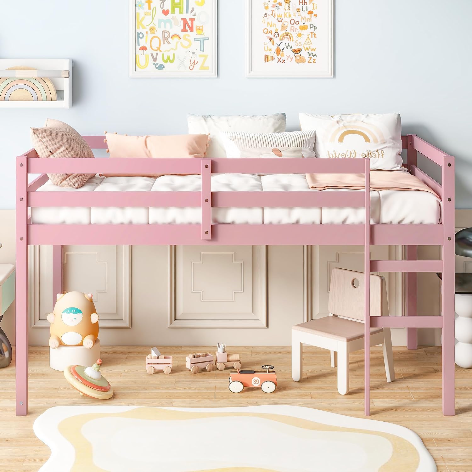 JIVOIT Twin Size Loft Bed with Ladder, Solid Rubber Wooden Low Height Loft Bed, Bed Platform of Strengthened Slats, No Box Spring Needed (Pink//14)