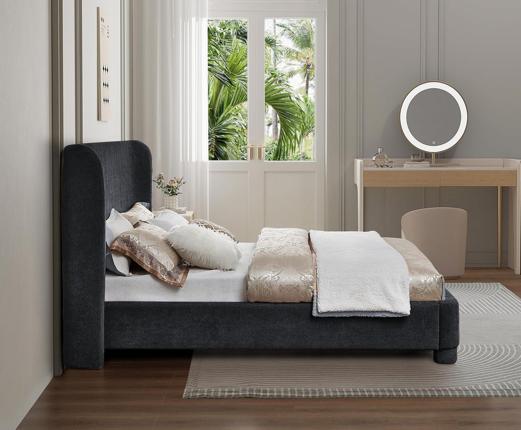 Meridian Furniture B1207Black-Q Penny Collection Modern | Contemporary Queen Bed with Rich Black Chenille Fabric, Curved Headboard, 73' W x 88' D x 52' H, Black, Queen