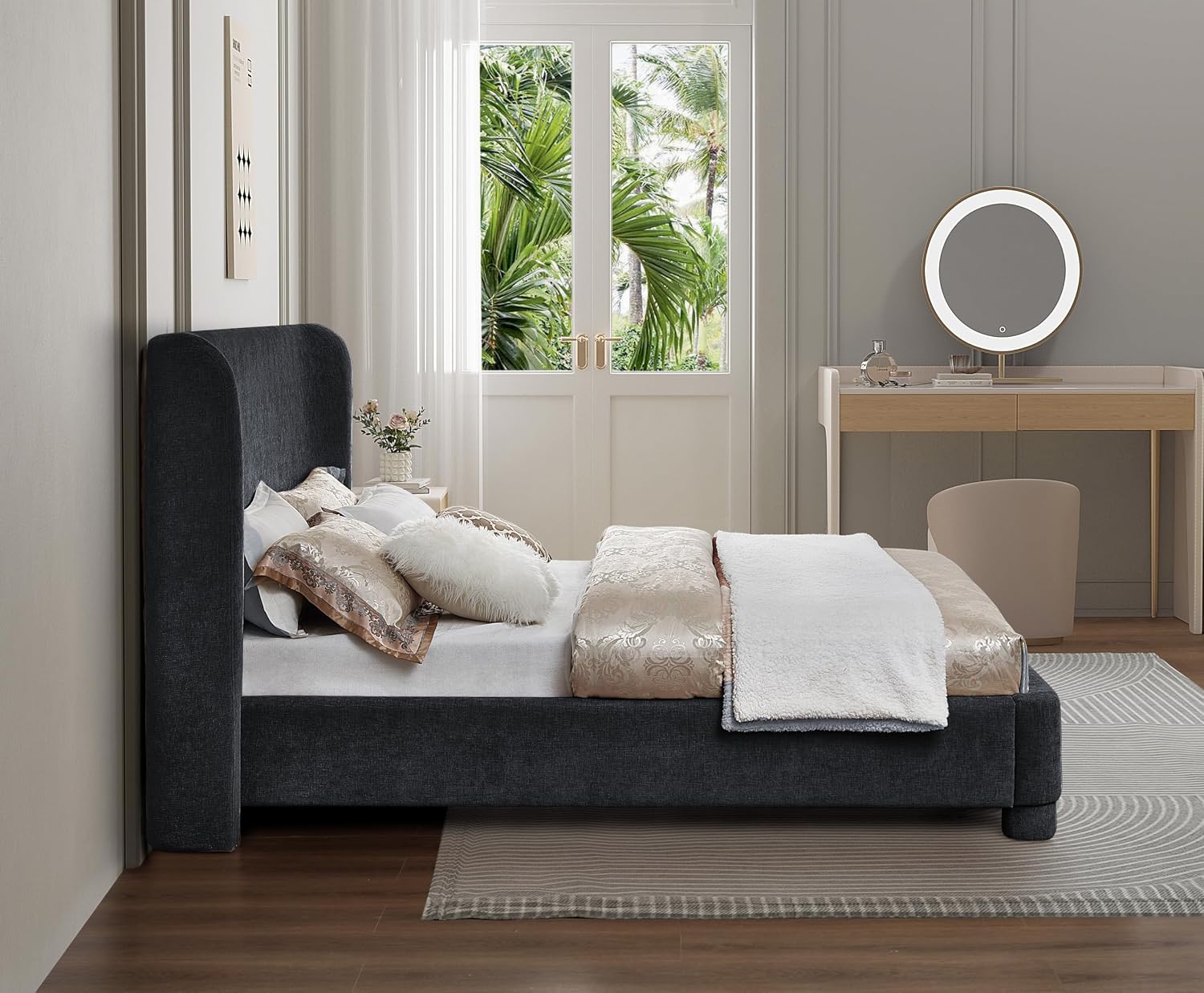 Meridian Furniture B1207Black-Q Penny Collection Modern | Contemporary Queen Bed with Rich Black Chenille Fabric, Curved Headboard, 73' W x 88' D x 52' H, Black, Queen