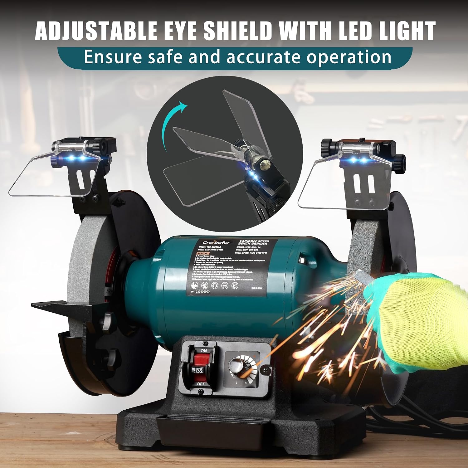 6-Inch Variable Speed Bench Grinder with Grinding Wheel Dresser, 1725–3450 RPM 2.5 Amp Brushless Induction Motor, LED Work Light, Eye Shields, Cast-Iron Base for Sharpening, Grinding & Polishing
