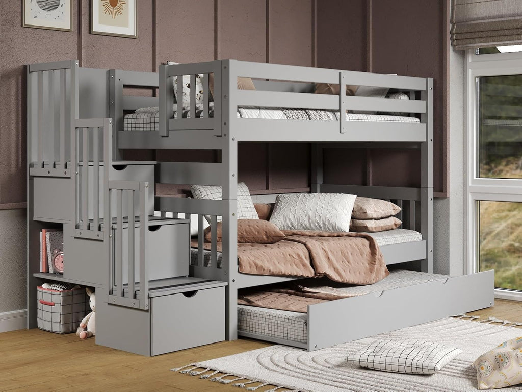Bedz King Stairway Bunk Beds Twin Over Twin, 3 Step Drawers and a Twin Trundle, Gray