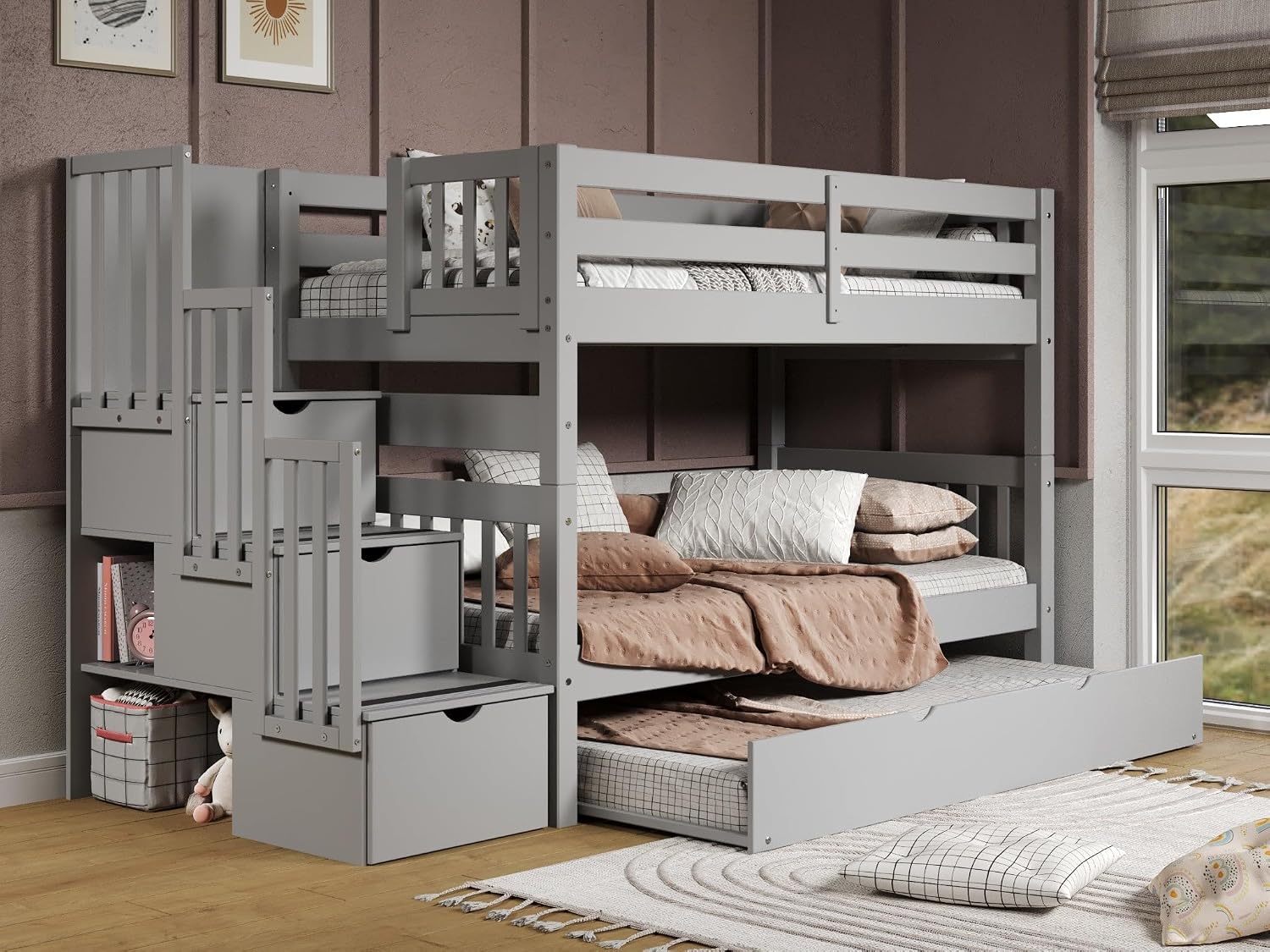 Bedz King Stairway Bunk Beds Twin Over Twin, 3 Step Drawers and a Twin Trundle, Gray