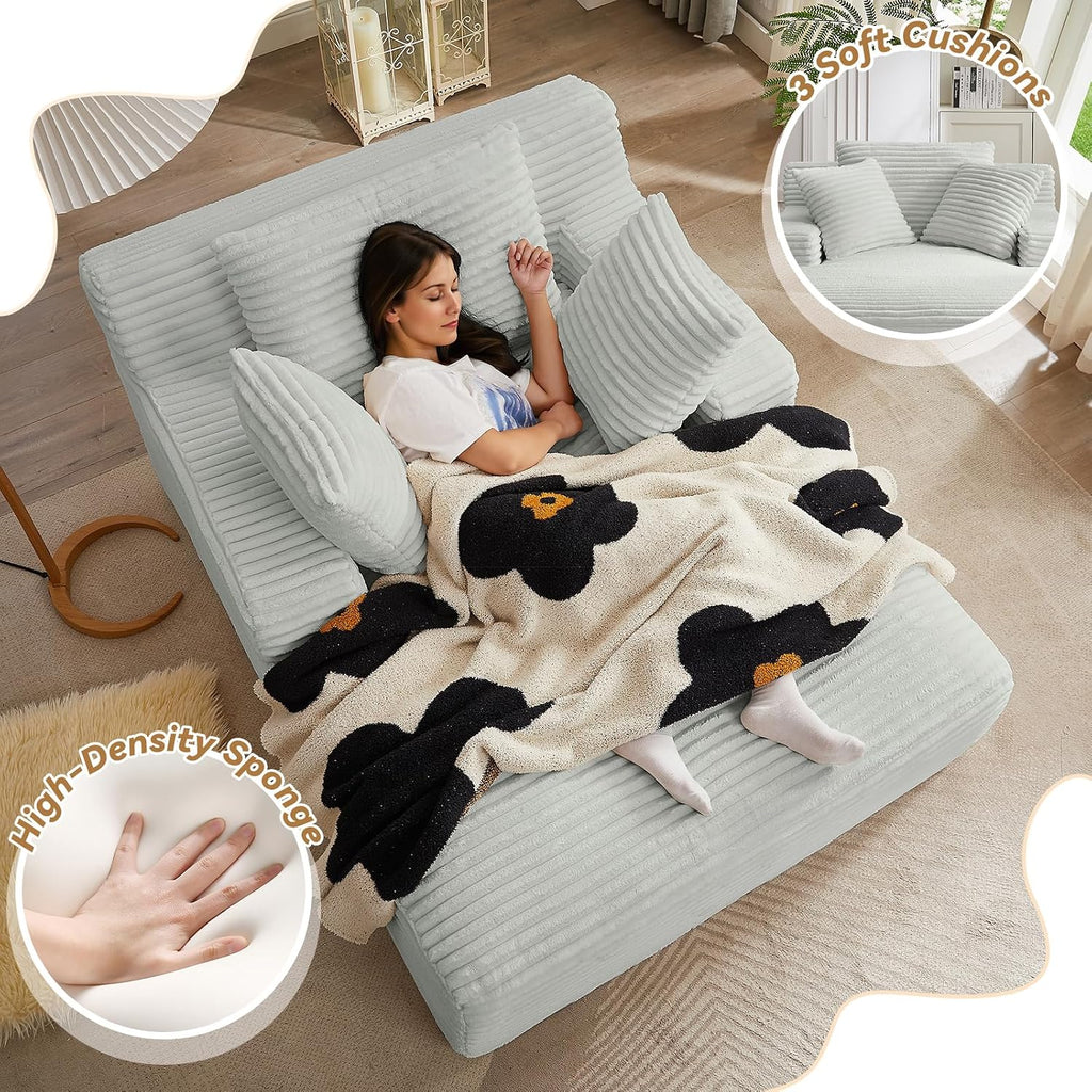 Oversized Chaise Lounge Chair Indoor, 66' Cloud Boneless Sleeper Couch Corduroy Upholstered Sofa Bed Deep Seat Comfy Reading Chair with 3 Pillows for Living Room Bedroom, Light Grey