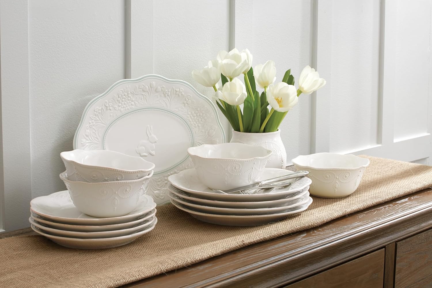Lenox Dinnerware Set, French Perle White 12-Piece Set, Service For 4, Stoneware Material, Dishwasher Safe, Microwave Safe, Plates, Bowls, Home & Kitchen, Plates And Bowls Sets (White, 12 Piece)