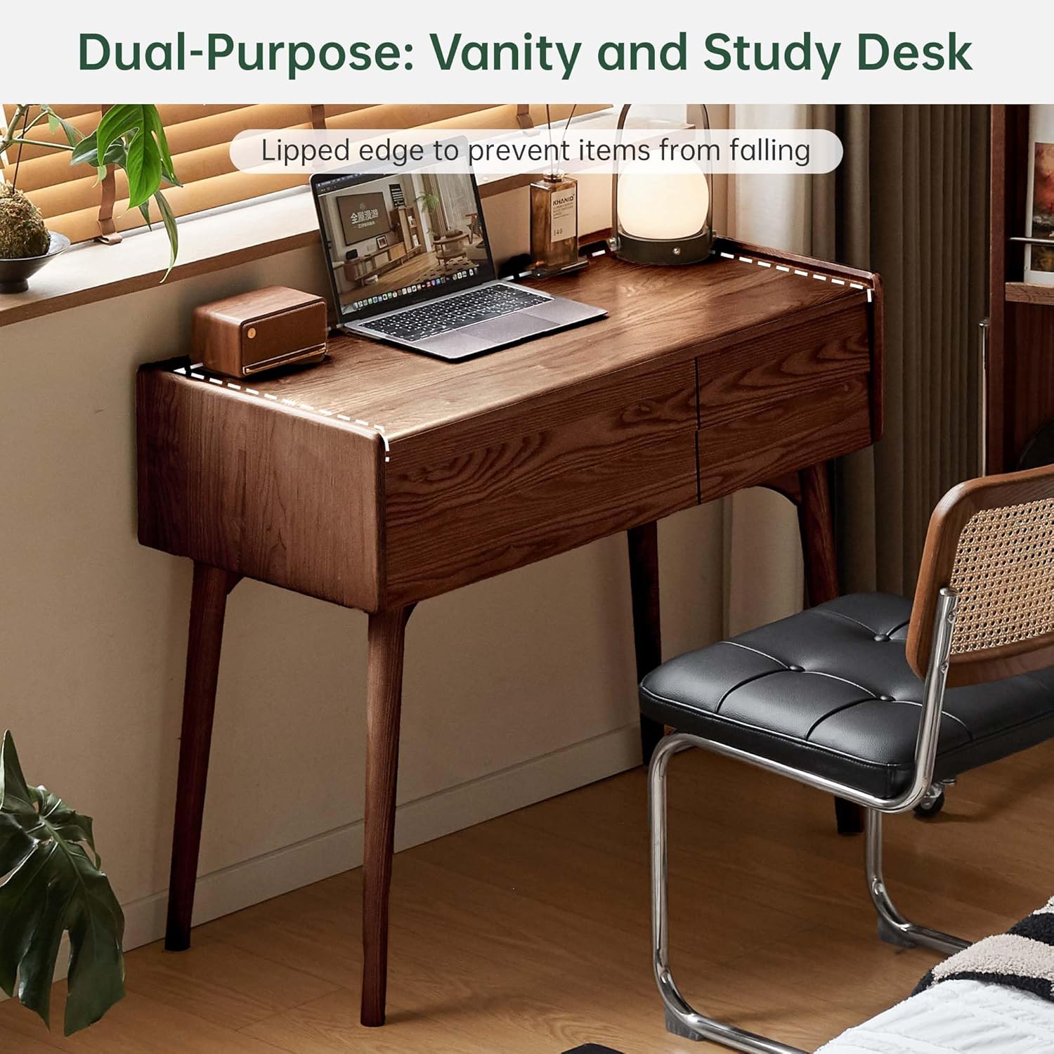 YESWOOD Samll Vanity Desk, Ash Wood Makeup Table for Girls, Walnut Color Vanity Set for Bedroom, Bathroom, Study Desk for Study Room, 18' D x 32' W x 32' H, No Chair and No Mirror