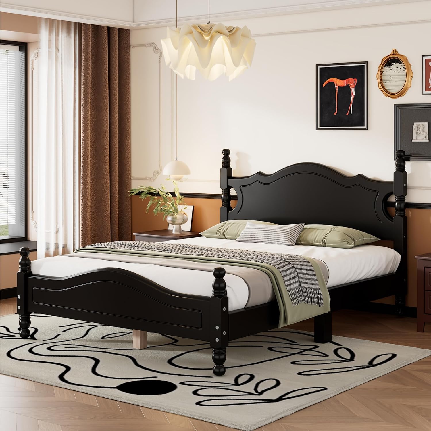 JIVOIT Retro Style Platform Bed with Headboard and Footboard, Full Size Wood Platform Bed Frame with Wooden Slat Support, Solid Wood Foundation, No Box Spring Required (Black,4,Full)