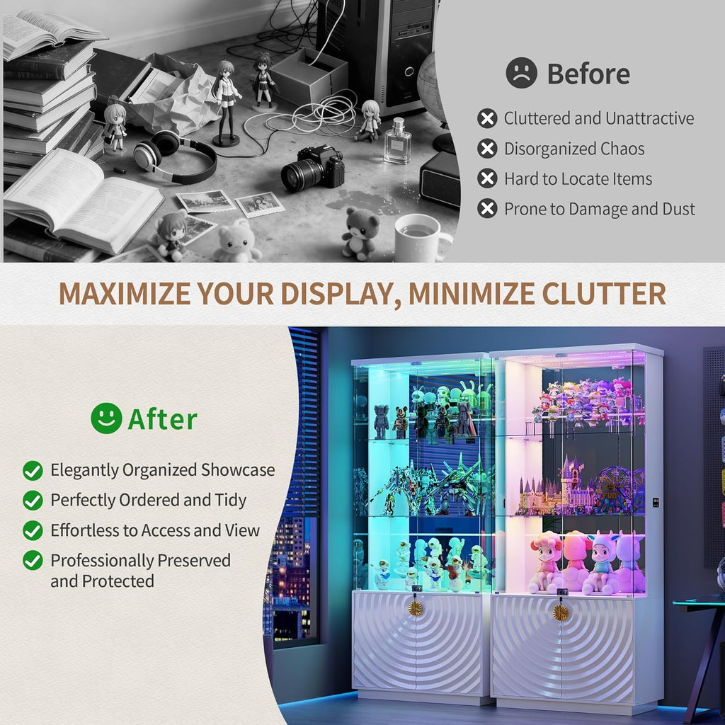 71'' Display Cabinet with Glass Doors,4-Tier Curio Cabinet with 3-Color Lights for Collectibles,Lockable Glass Display Case Human Body Sensor,Tall Bookcase w/Shelves&Door Panel,White