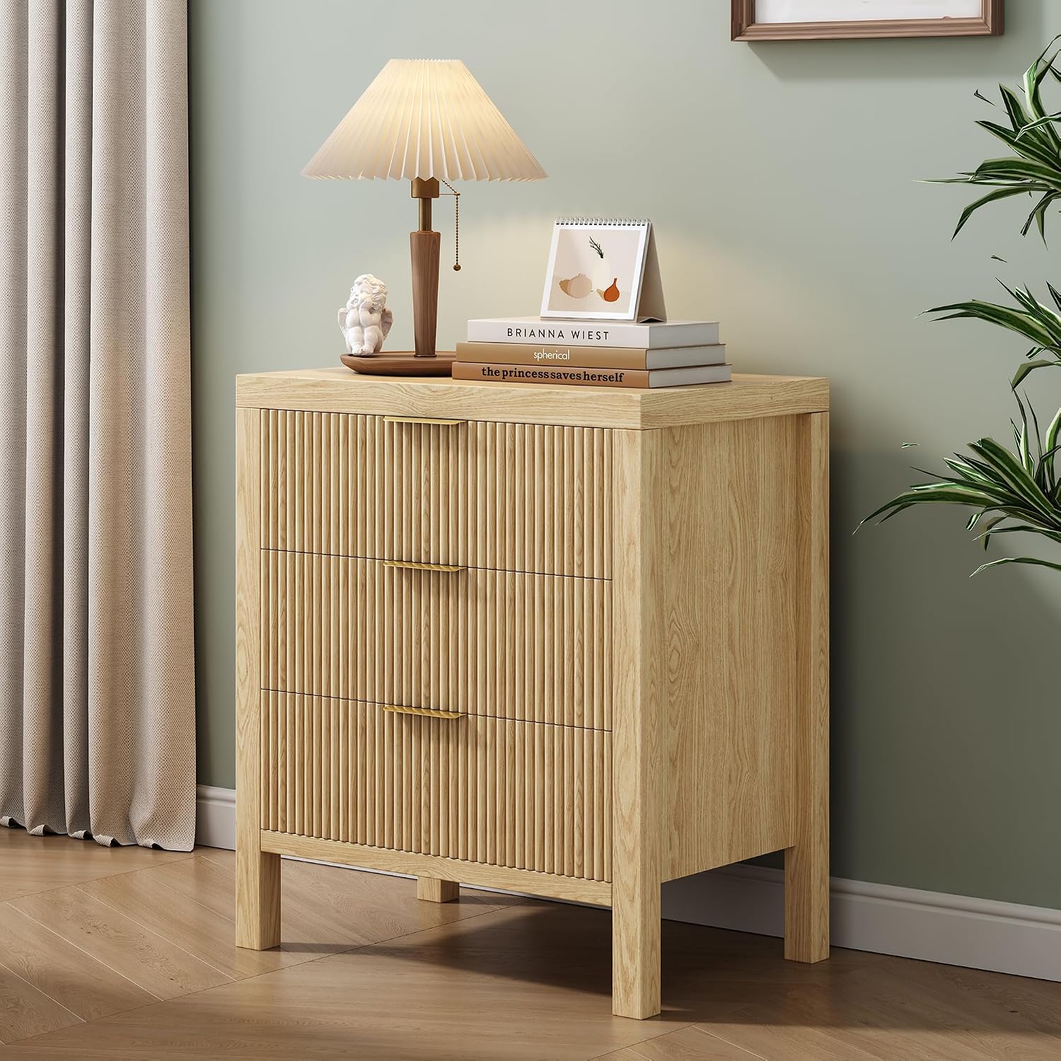 Nightstand with 6 Drawers, Dresser and Nightstand Sets, Bedside Tables, Mid Century Nightstands with 6 Wide Drawers for Bedroom, Kids' Room, Hallway, (Natural X 2pcs)