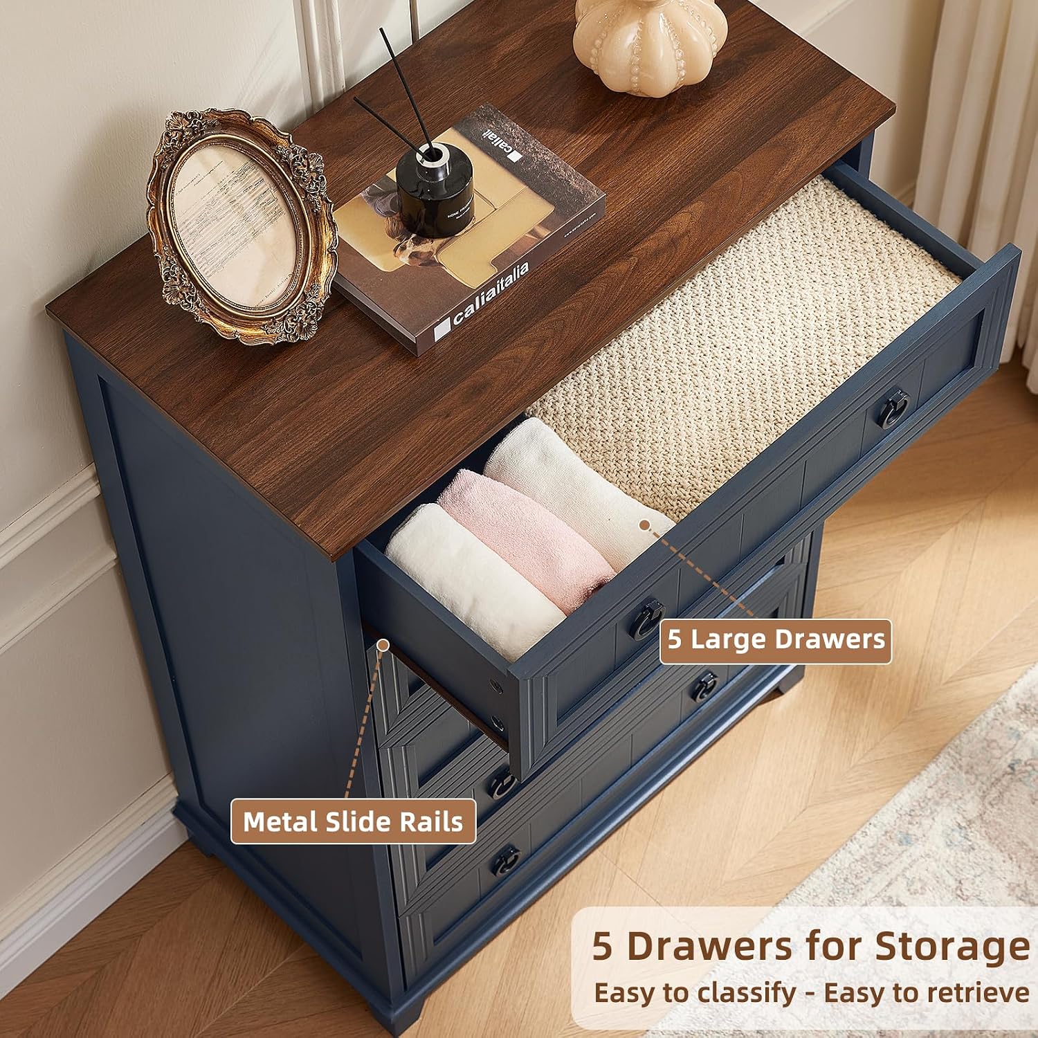Joaxswe Farmhouse 5 Drawer Dresser for Bedroom, 42' Tall Small Dressers & Chest of Drawers, Rustic Wood Dresser with Metal Handle, Storage Organizer Closet for Living Room, Hallway, Entryway