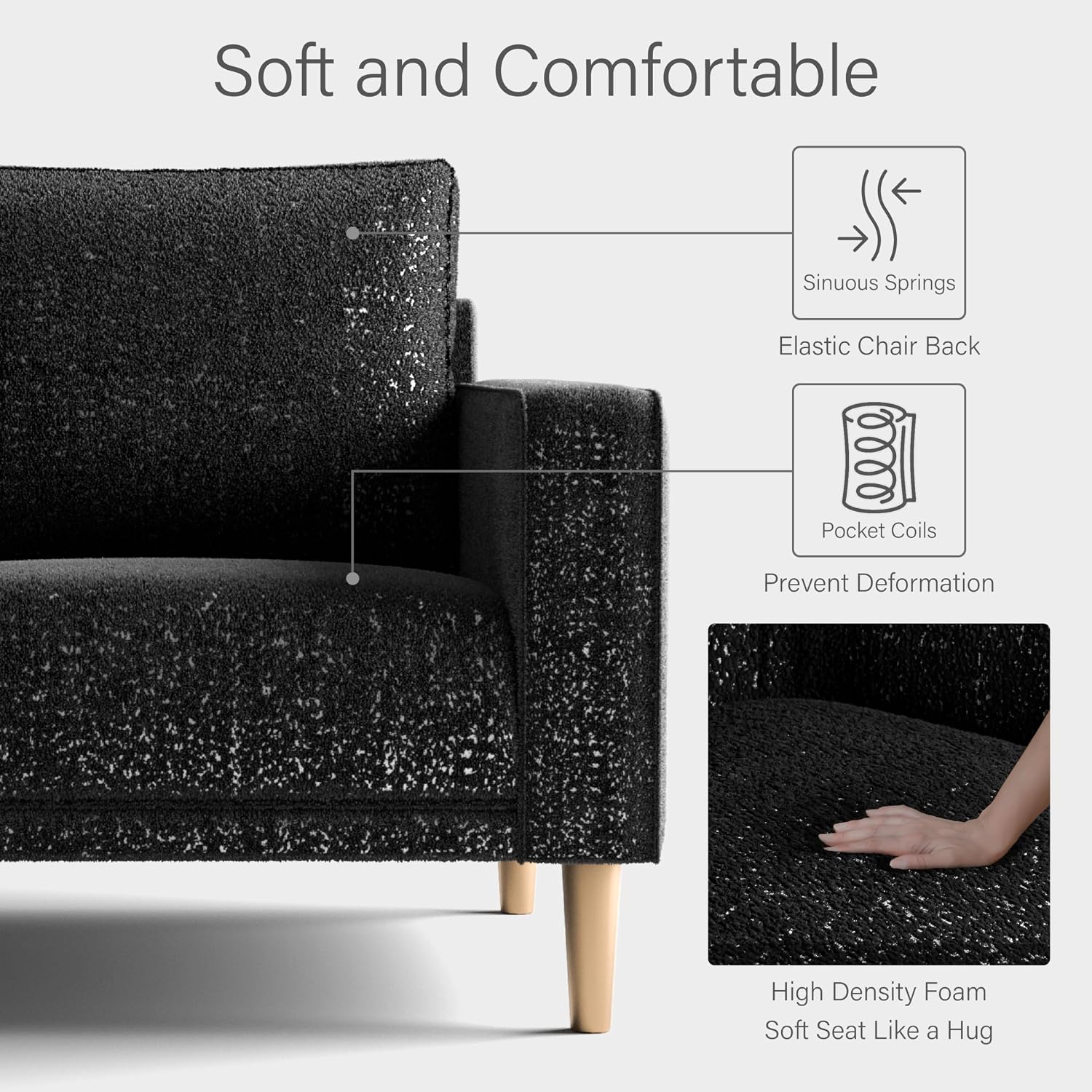 Furniture of America Oriana Contemporary Boucle Fabric 3-Piece Sofa Set with Back Pillows and Wooden Legs, Accent Furniture Sets for Living Room, Home Office, Bedroom, Lounge, Black