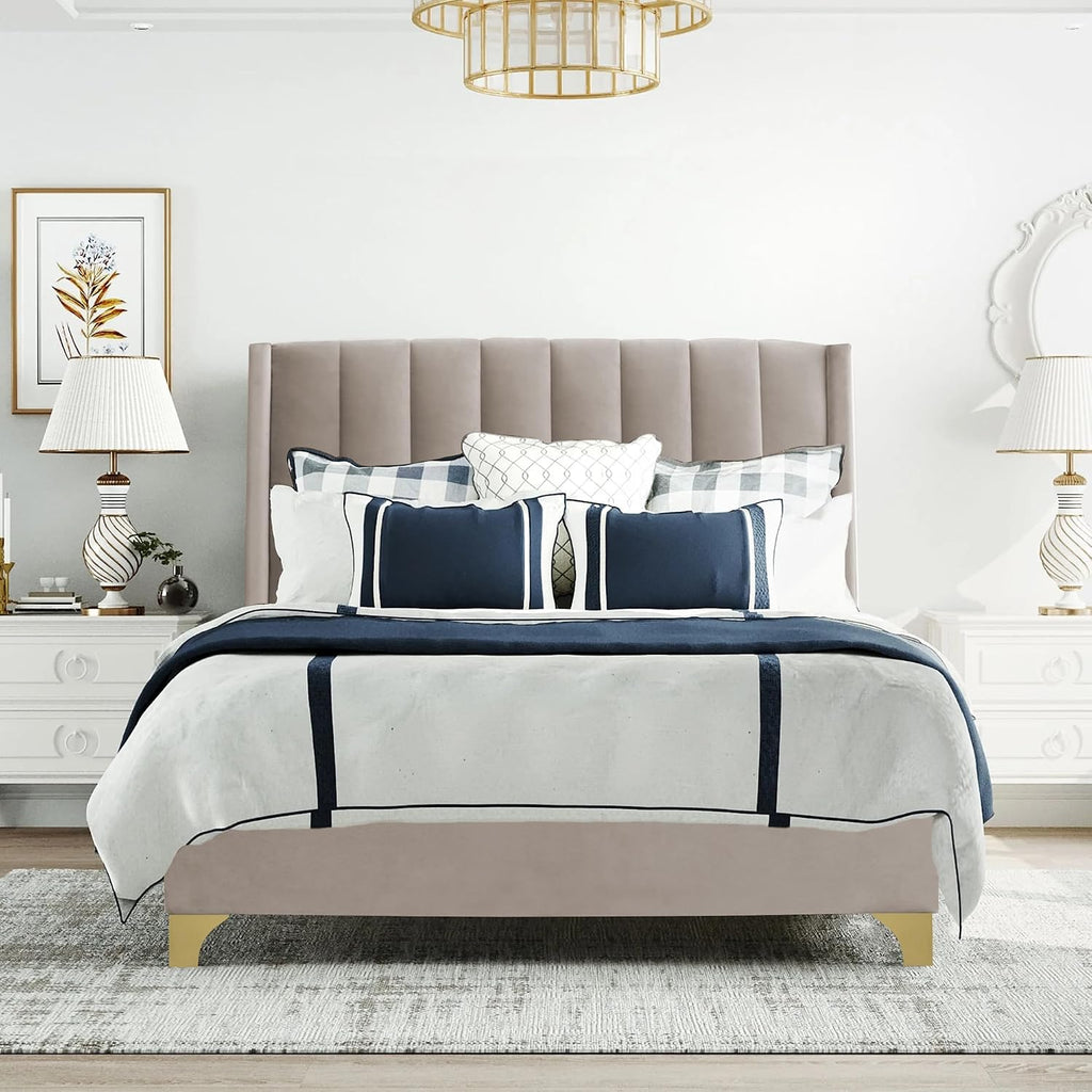 Greaton, Suede Upholstered Bed Frame, Decorative Attractive Headboard, Long Lasting Durable, Includes 3 Color Legs to Choose Gold, Silver and Black, 48-Inch, Taupe