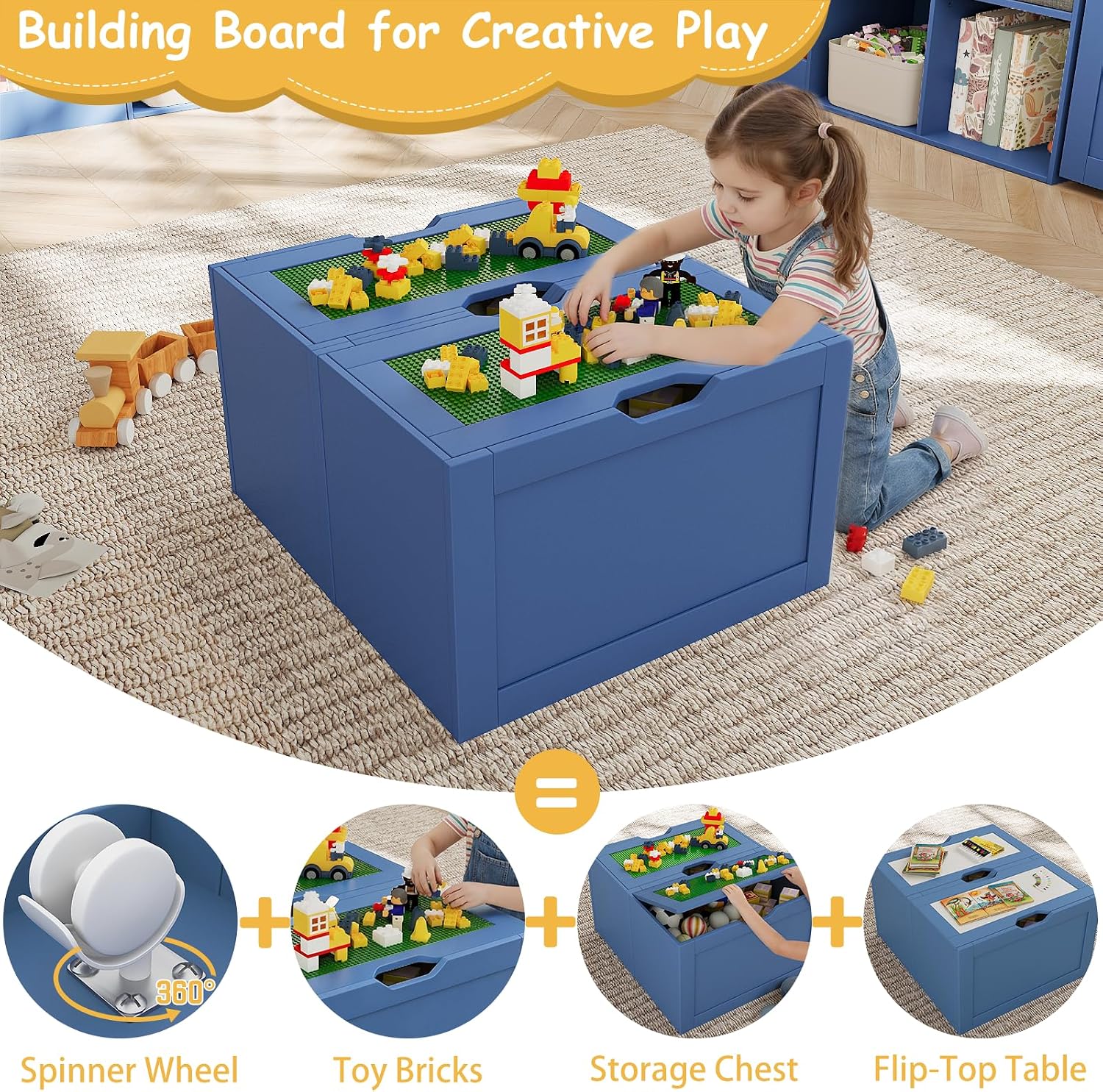 68.9'W Reading Nook, Kids Bookshelf, Toy Storage Organizer, Removable Building Baseplate Lid for Lego, Rolling Drawers, Stuffed Animal Storage, Bench and Removable Cushions for Playroom(Blue)