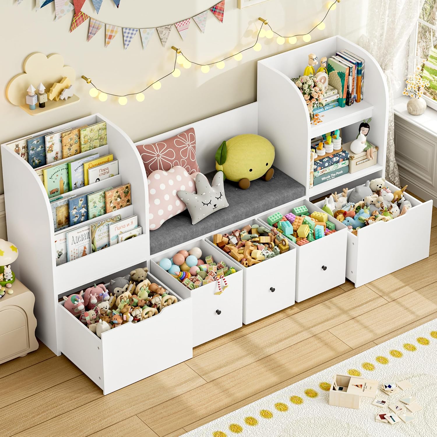FOTOSOK 71' Toy Organizers and Storage with Seat Cushion, Kids Bookshelf with Reading Nook and 2 Movable Drawers & 3 Fabric Toy Chests, Kids Reading Nook Toy Storage with Bench for Playroom