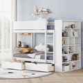 Twin Over Twin Bunk Bed with Bookcase, Wood Bunk Bed Frame with 2 Drawers and Multi-Layer Cabinet Storage Shelves, Bed with High Guardrails for Kids Teens(White, Twin)