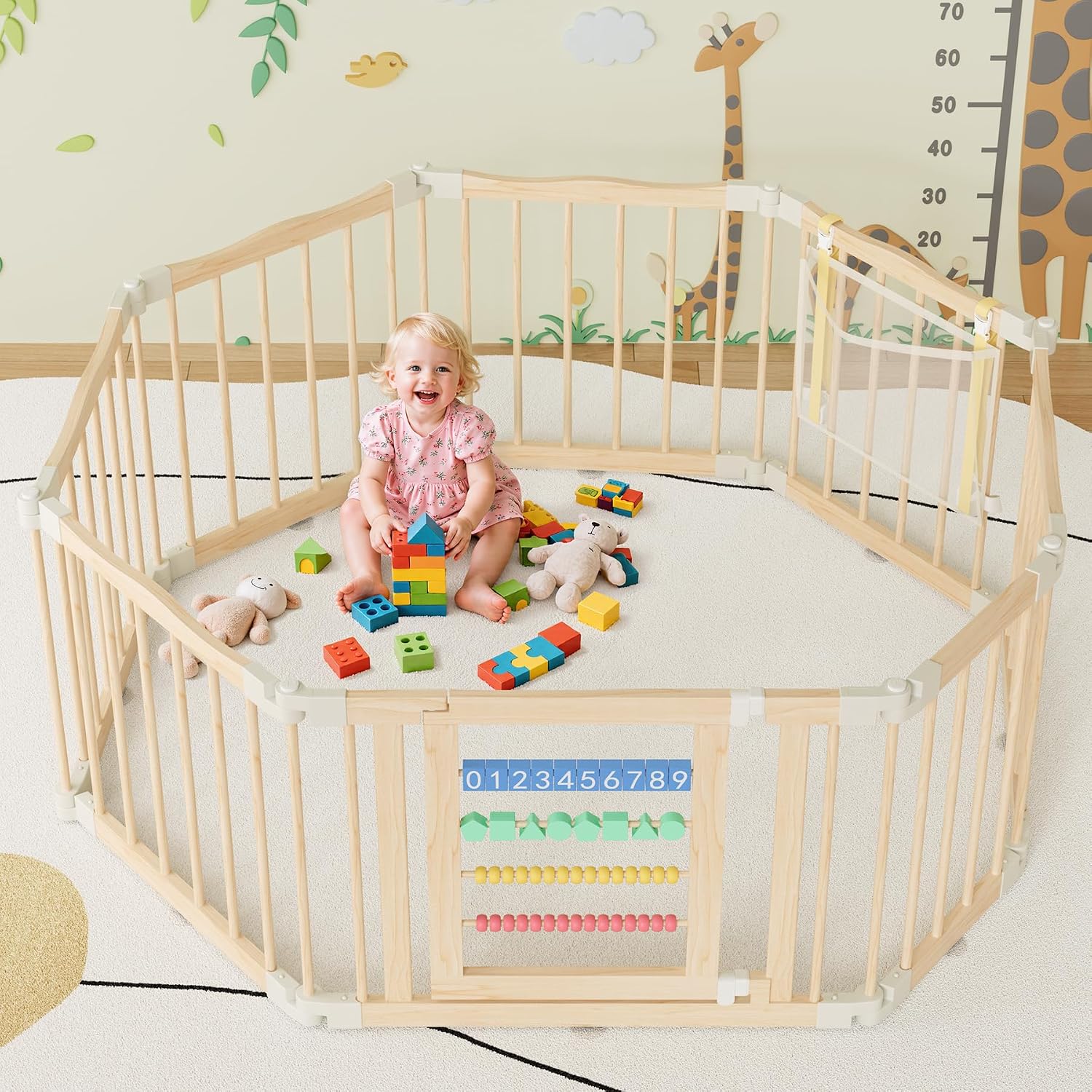 Wooden Baby Playpen 50 × 50 Inches, Foldable Playpen Fence with Cute Digital Blocks & Storage Bag, Wooden Baby Gate, Multi-Shape Play Yard for Babies and Toddlers Indoor Outdoor