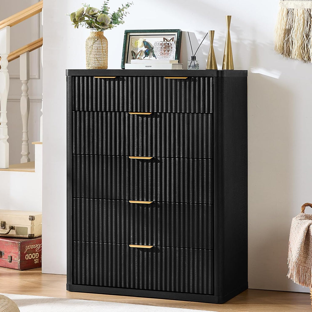 LEYAOYAO Fluted 6 Drawers Dresser for Bedroom, 42' Tall Modern Chest of Drawers with Metal Handle, Curved Profile Design,Black Wood Drawer Organizer for Bedroom, Living Room, Hallway, Entryway