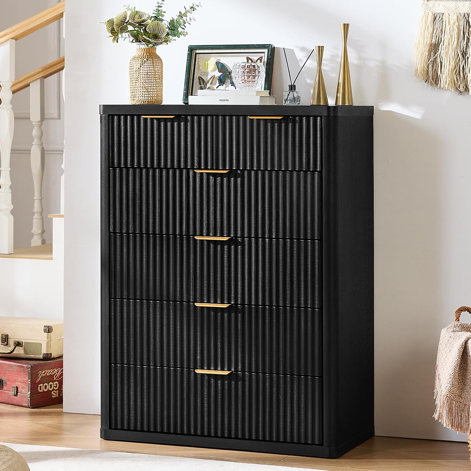 LEYAOYAO Fluted 6 Drawers Dresser for Bedroom, 42' Tall Modern Chest of Drawers with Metal Handle, Curved Profile Design,Black Wood Drawer Organizer for Bedroom, Living Room, Hallway, Entryway