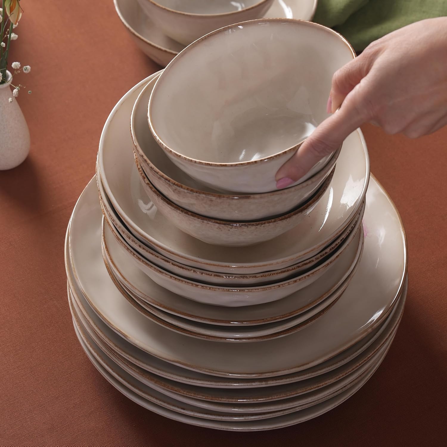 Karaca Aria Reactive Stoneware Plates & Bowls Sets - Ceramic Dinnerware Sets for 6, 24 Piece Microwave Safe Dish Set incl. Dinner Plate Set with Pasta Bowls, Side Plates and Cereal Bowl - Beige
