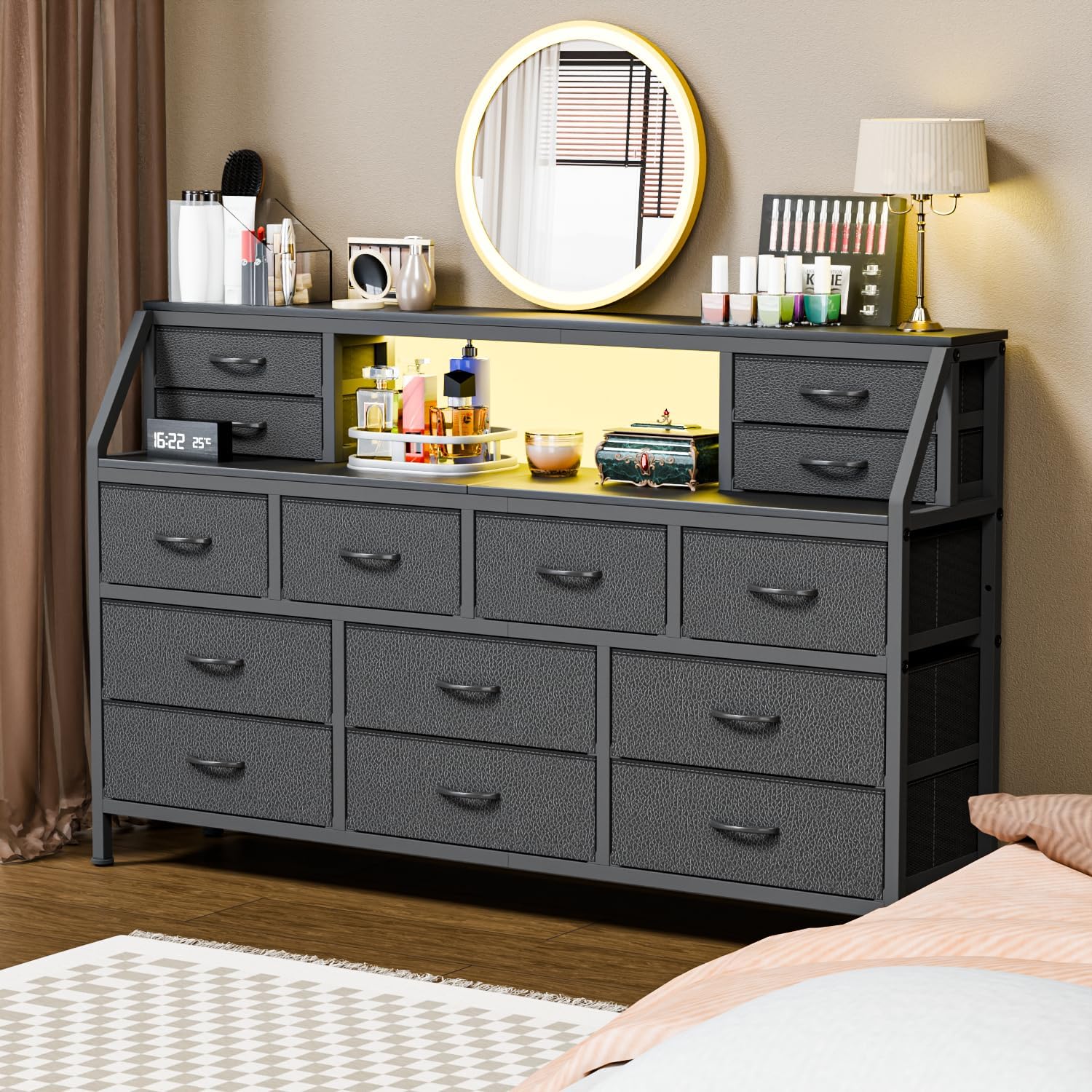 Dresser for Bedroom, 55' TV Stand with 14 Drawers, Long Dresser & Chests of Drawers with Shelves & Sturdy Metal Frame & Wood Top (Black)