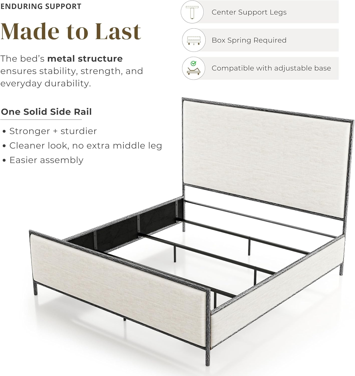 24/7 Shop at Home Lalia Hammered Metal 4-Piece Bedroom Collection, Upholstered Bed Frame with Beige Fabric Headboard, Bench and 1-Shelf Nightstands, Foundation Required, Full, Matte Grey
