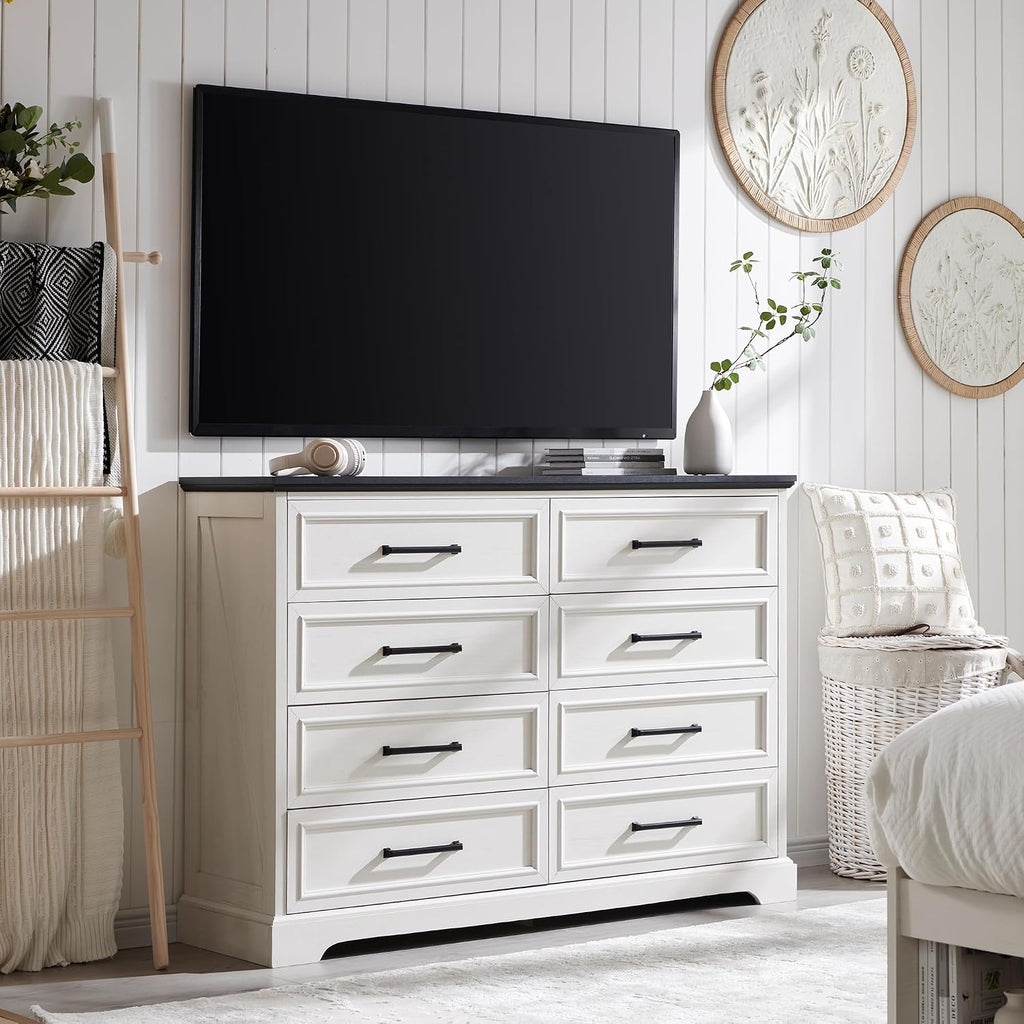 ACCOHOHO Farmhouse 8 Drawers Dresser Chests for Bedroom,52' Wide Wood Rustic Chest of Drawers with Metal Handle,Natural Texture,Drawer Organizer for Bedroom,Living Room,Hallway Entryway,Antique White