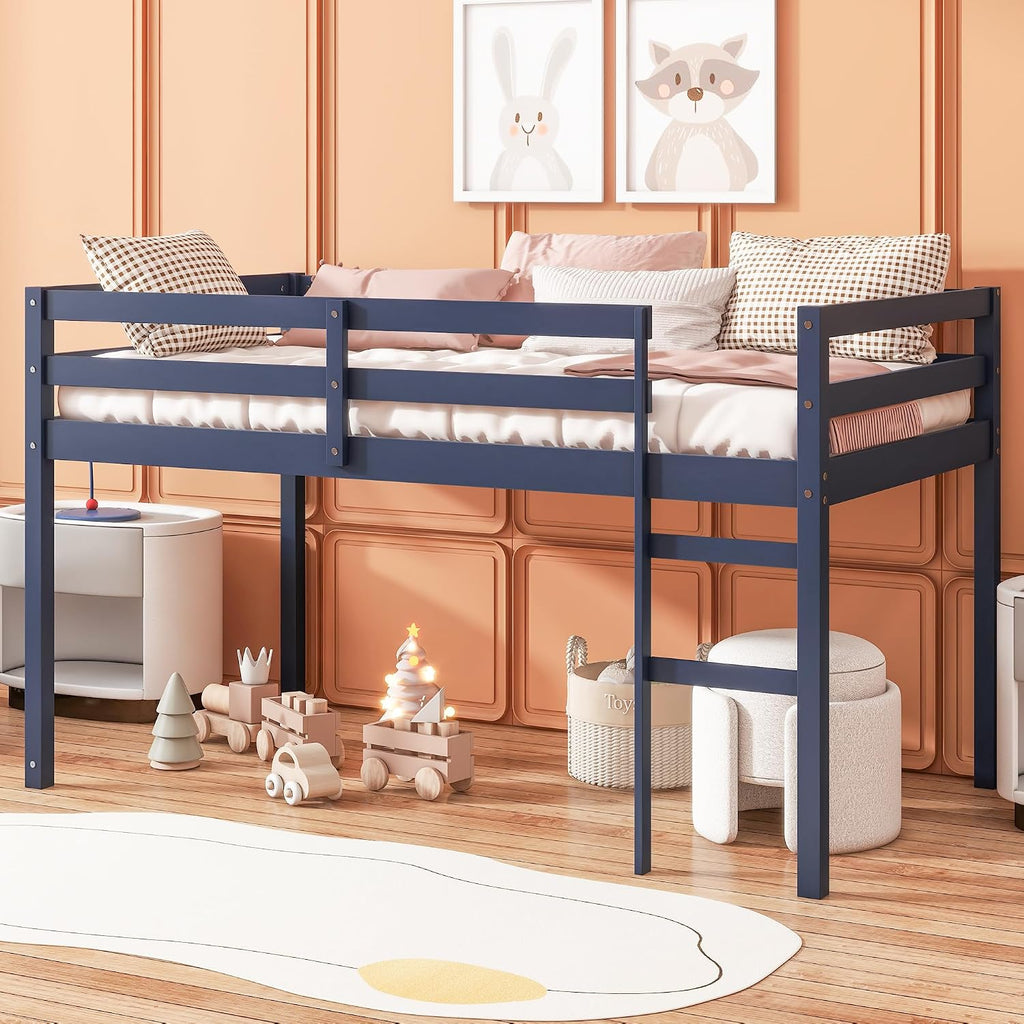 JIVOIT Twin Size Loft Bed with Ladder, Solid Rubber Wooden Low Height Loft Bed, Bed Platform of Strengthened Slats, No Box Spring Needed (Blue//14)