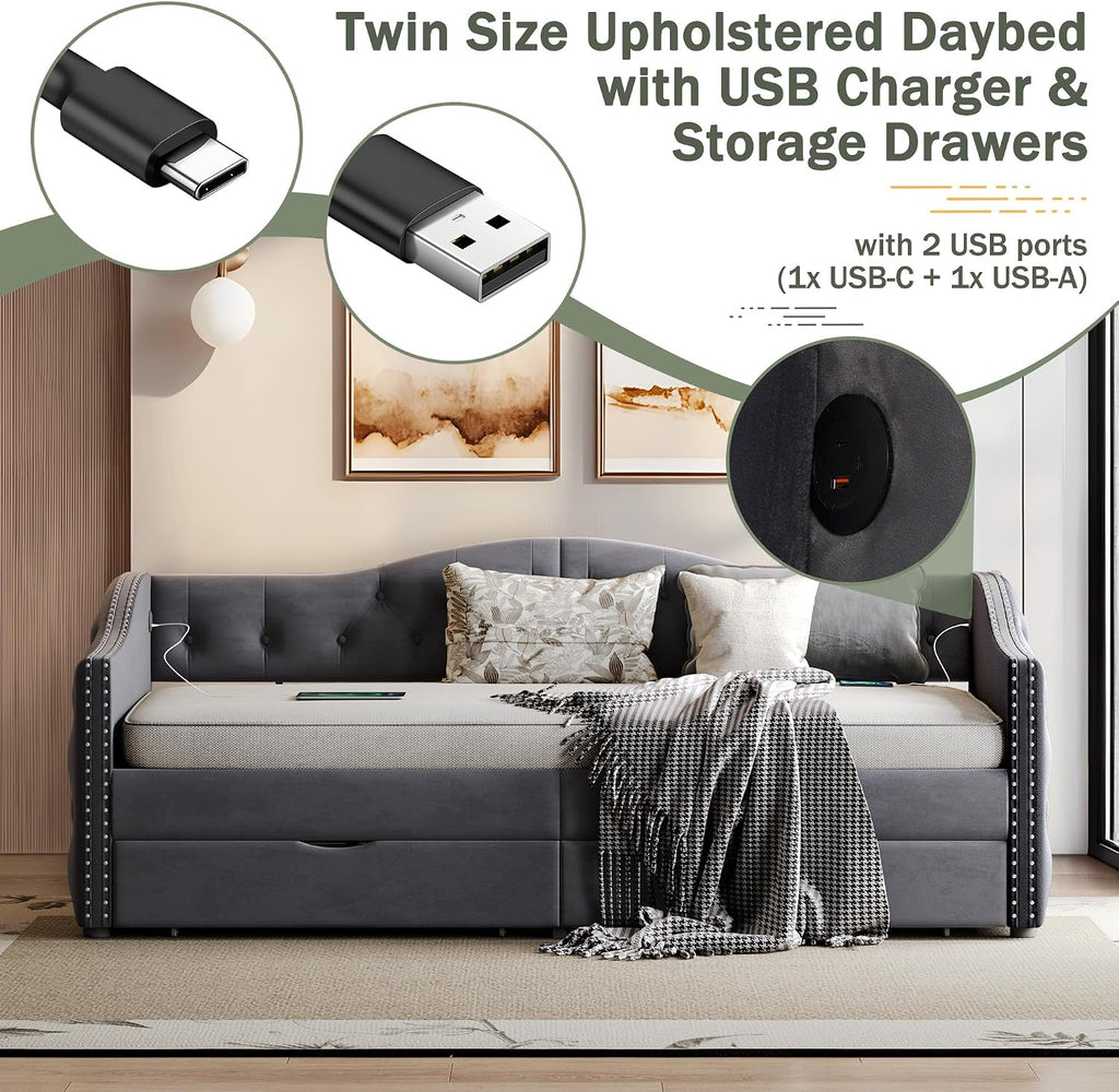 Twin Size Daybed with Storage Drawers, Upholstered Daybed with 2 USB Ports, Sturdy Metal and Wood Frame,Day Bed for Bedroom, No Box Spring Needed, Grey