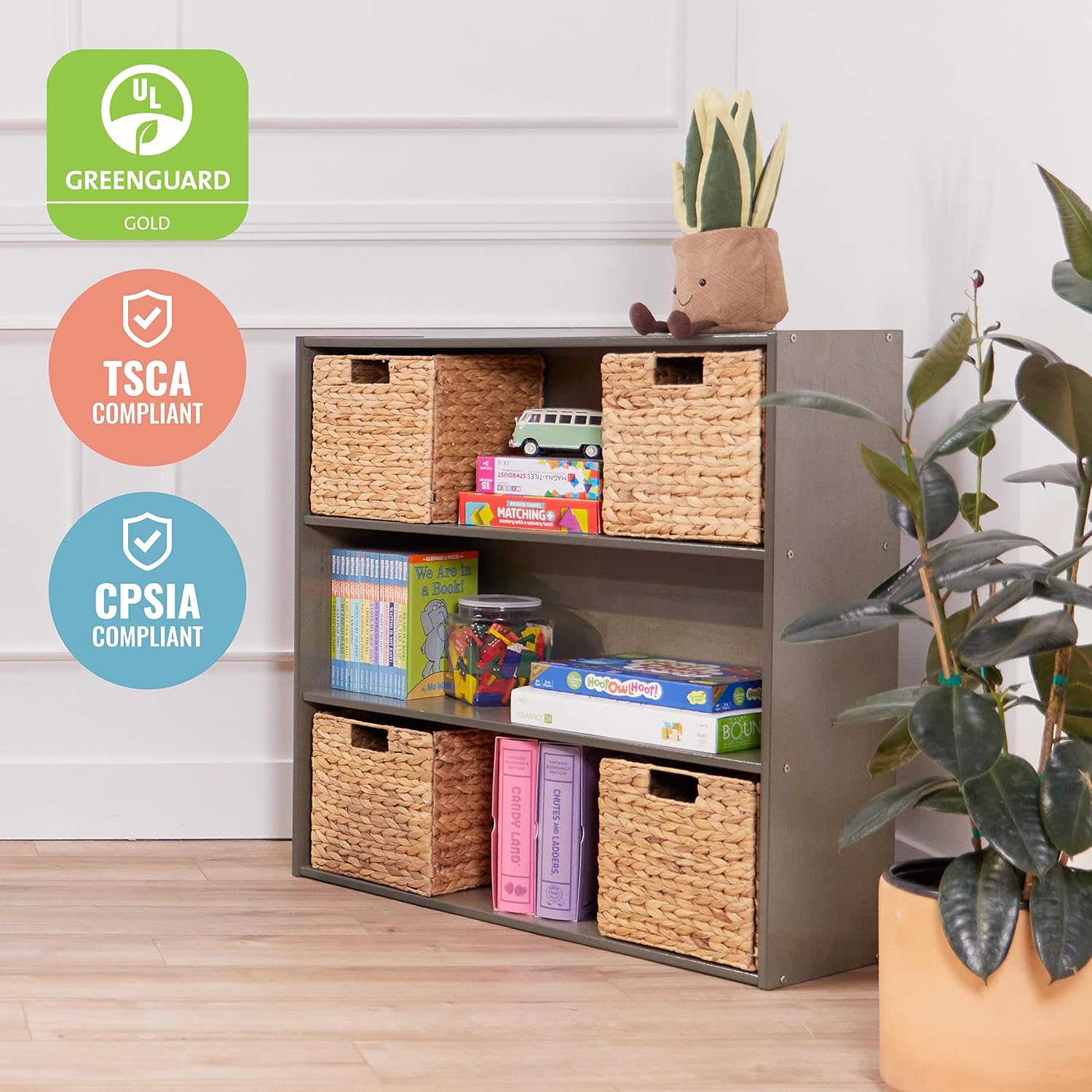ECR4Kids Birch Streamline 3-Shelf Storage Cabinet, 36in High, Bookcase for Classroom and Playroom, Grey Wash