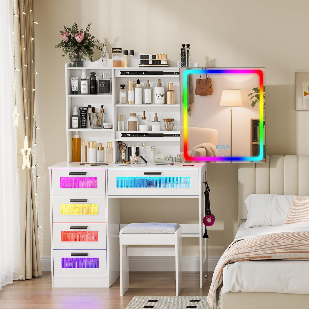 LED Vanity with Sliding Mirror, Smart Makeup Table with 5 Drawers 6 Shelves, Make Up Vanity Desk with Charging Station 14 Color Lighting Modes, Cushioned Stool, USB Type-C for Bedroom White