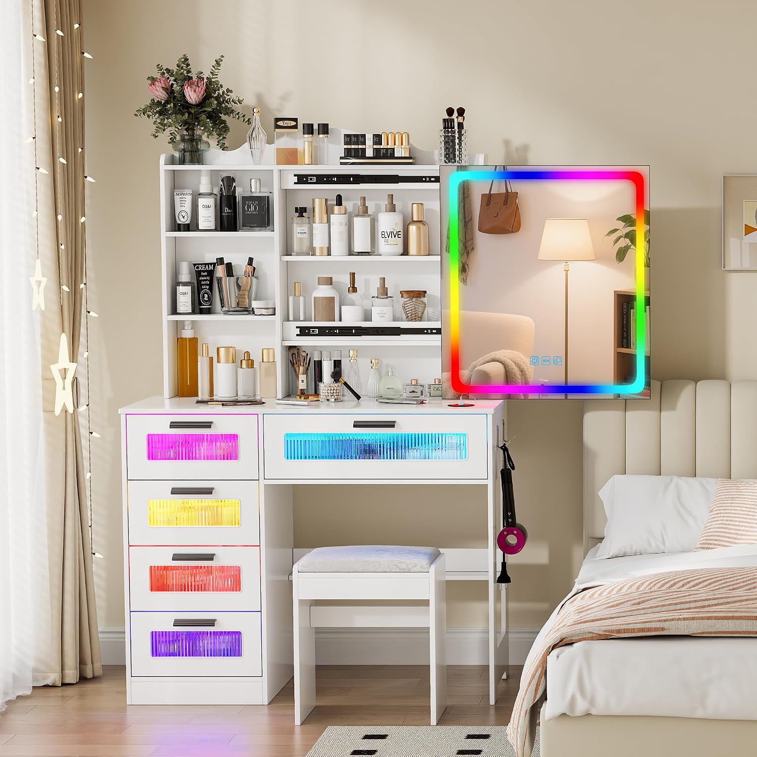 LED Vanity with Sliding Mirror, Smart Makeup Table with 5 Drawers 6 Shelves, Make Up Vanity Desk with Charging Station 14 Color Lighting Modes, Cushioned Stool, USB Type-C for Bedroom White