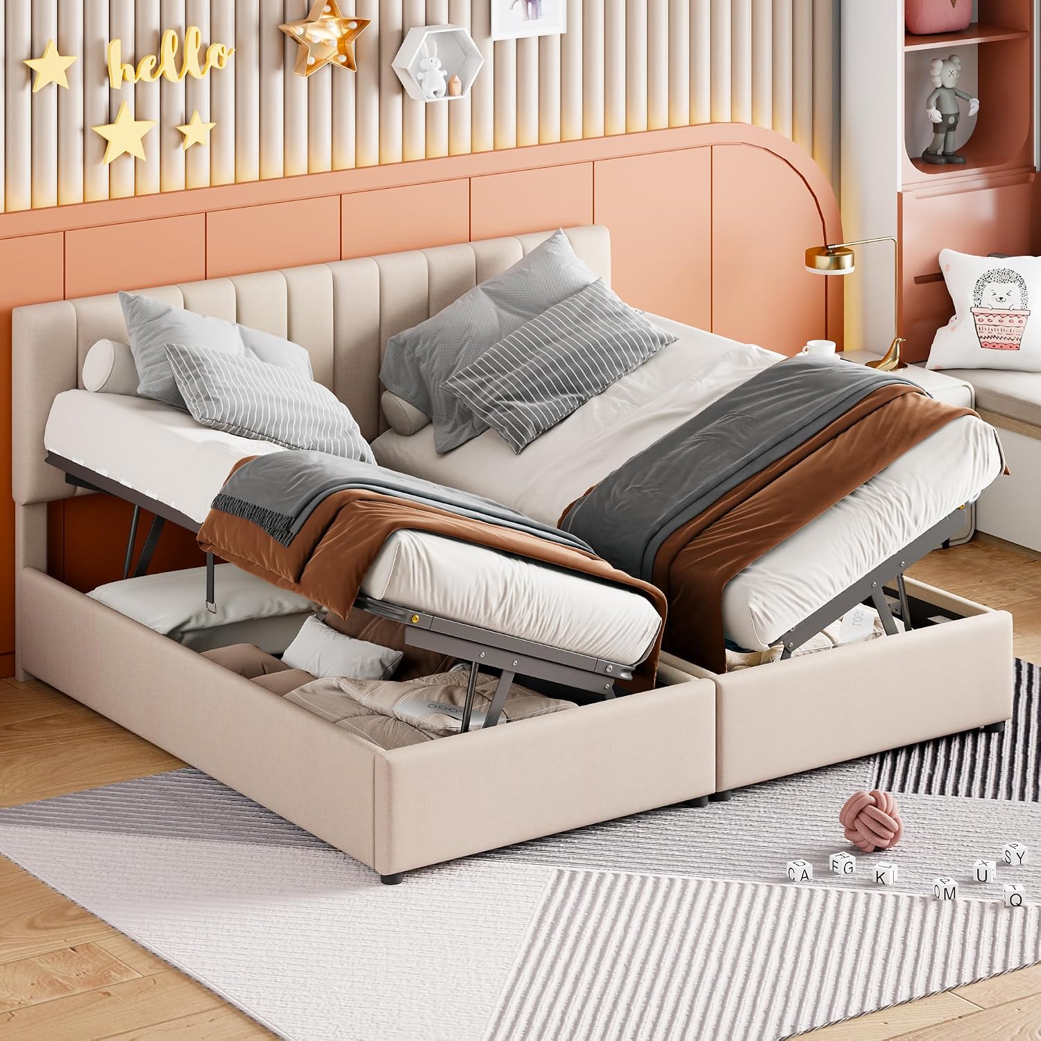 VilroCaz King Size Upholstered Platform Bed with Hydraulic Storage System, Upholstered Linen Platform Bed with Height-Adjustable Channel Tufted Headboard, Sturdy Slats Support (Beige-12.11)
