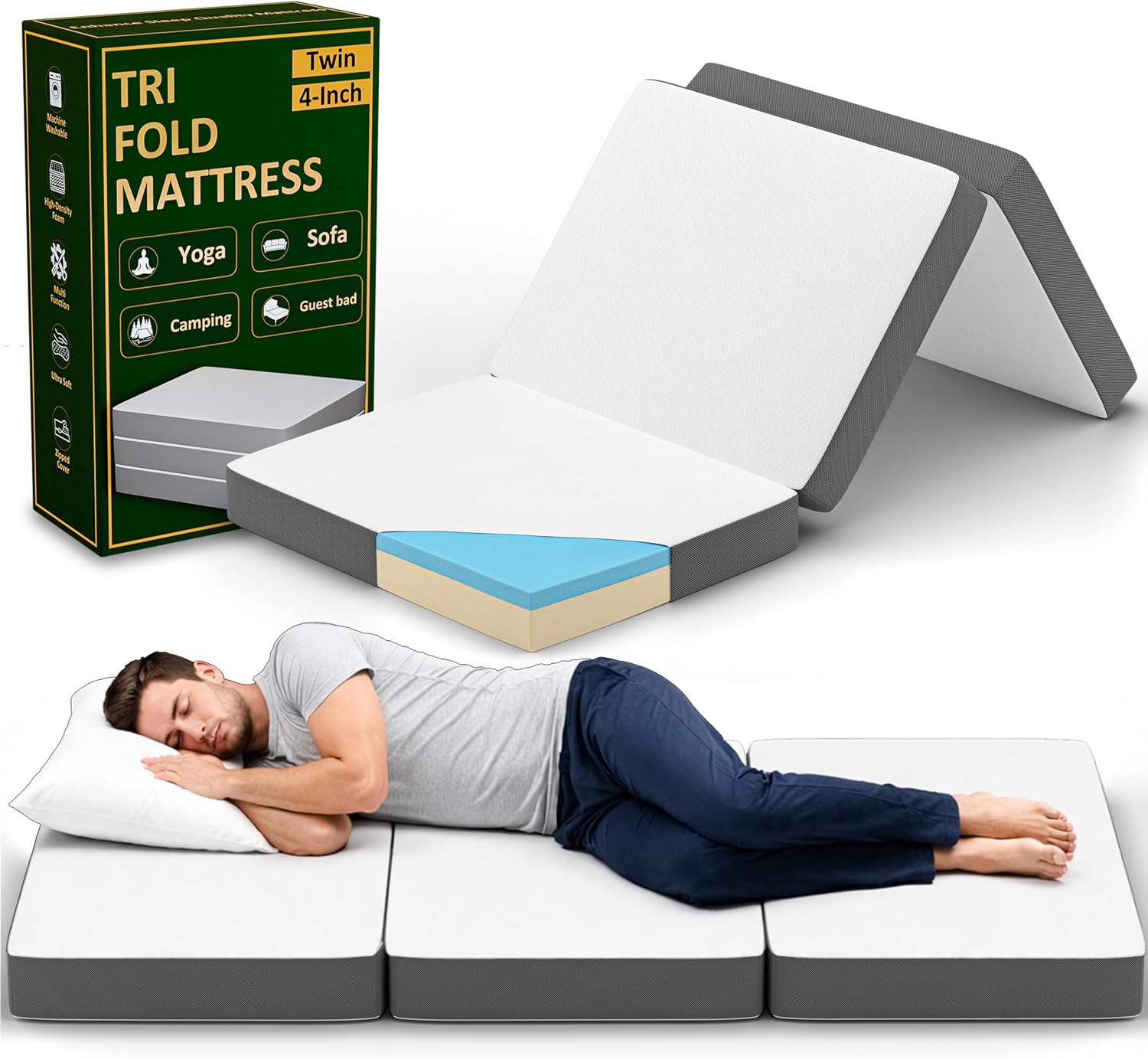Treaton, Tri-Folding Gel Memory Foam Portable Floor Mattress