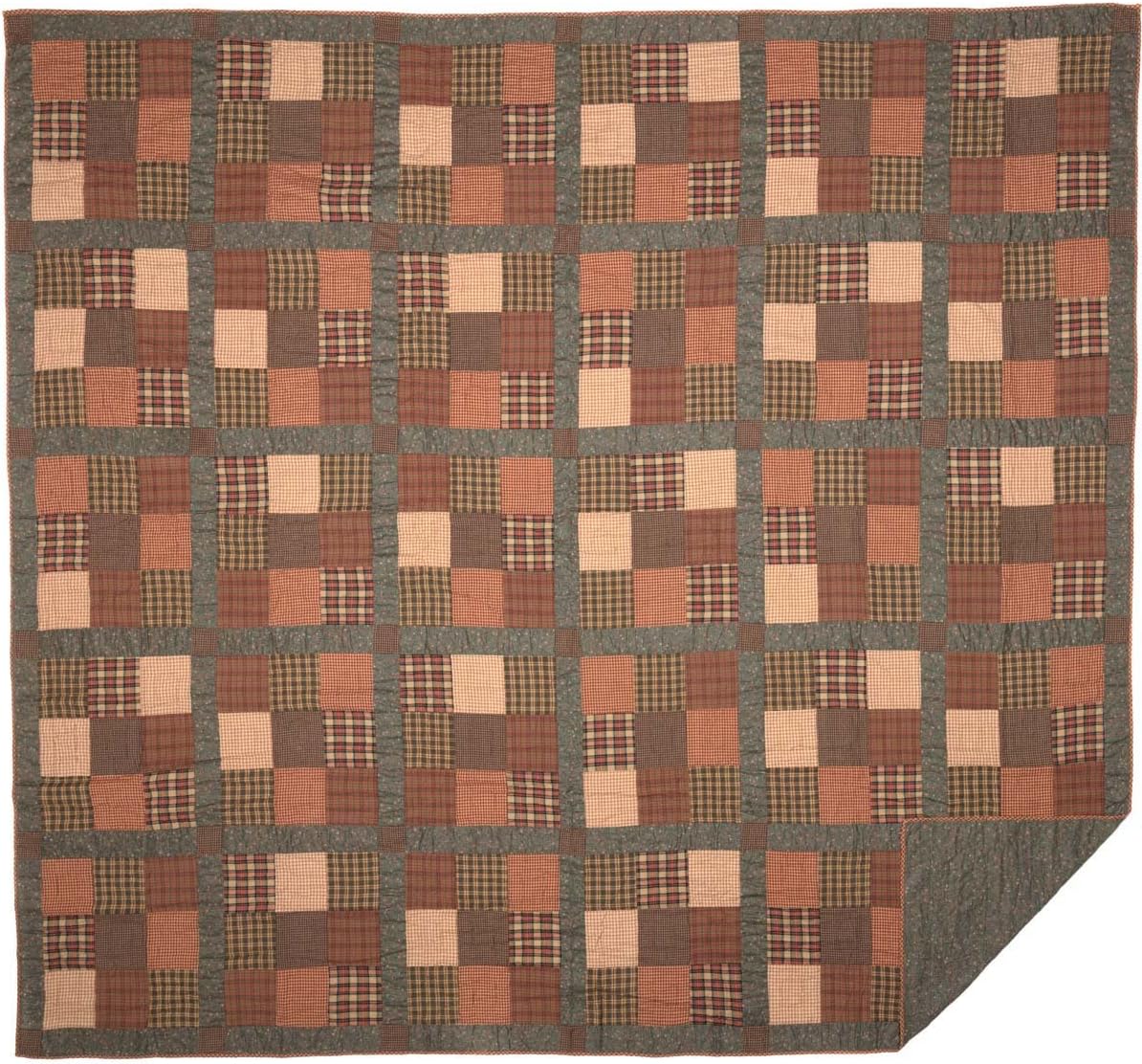 VHC Brands Crosswoods Patchwork Cotton Primitive Bedding Pre-Washed Luxury King Quilt, Dark Olive Green