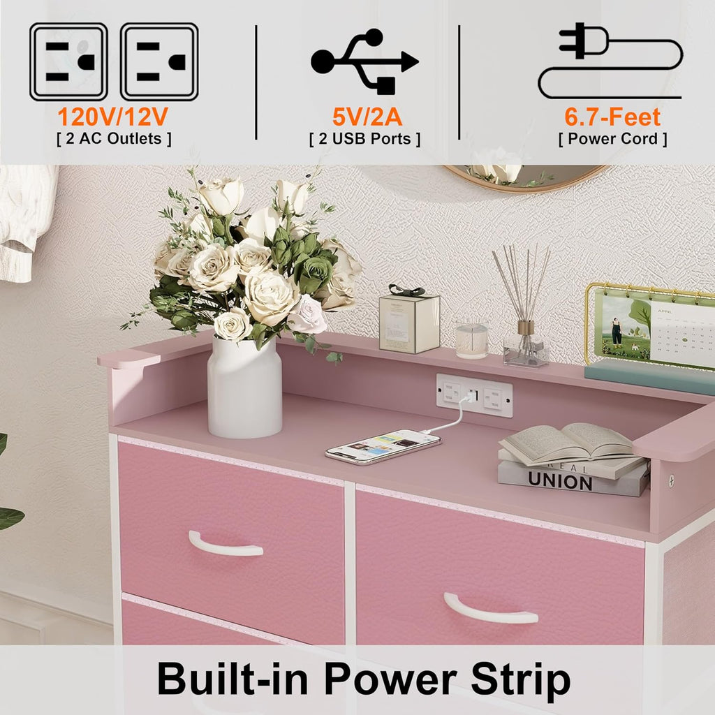 Pink Dresser for Bedroom with Charing Station Dressers with LED Lights Tall Dresser with 8 Drawers Storage Tower for Closet Living Room Hallway Entryway Sturdy Steel Frame Wood Top