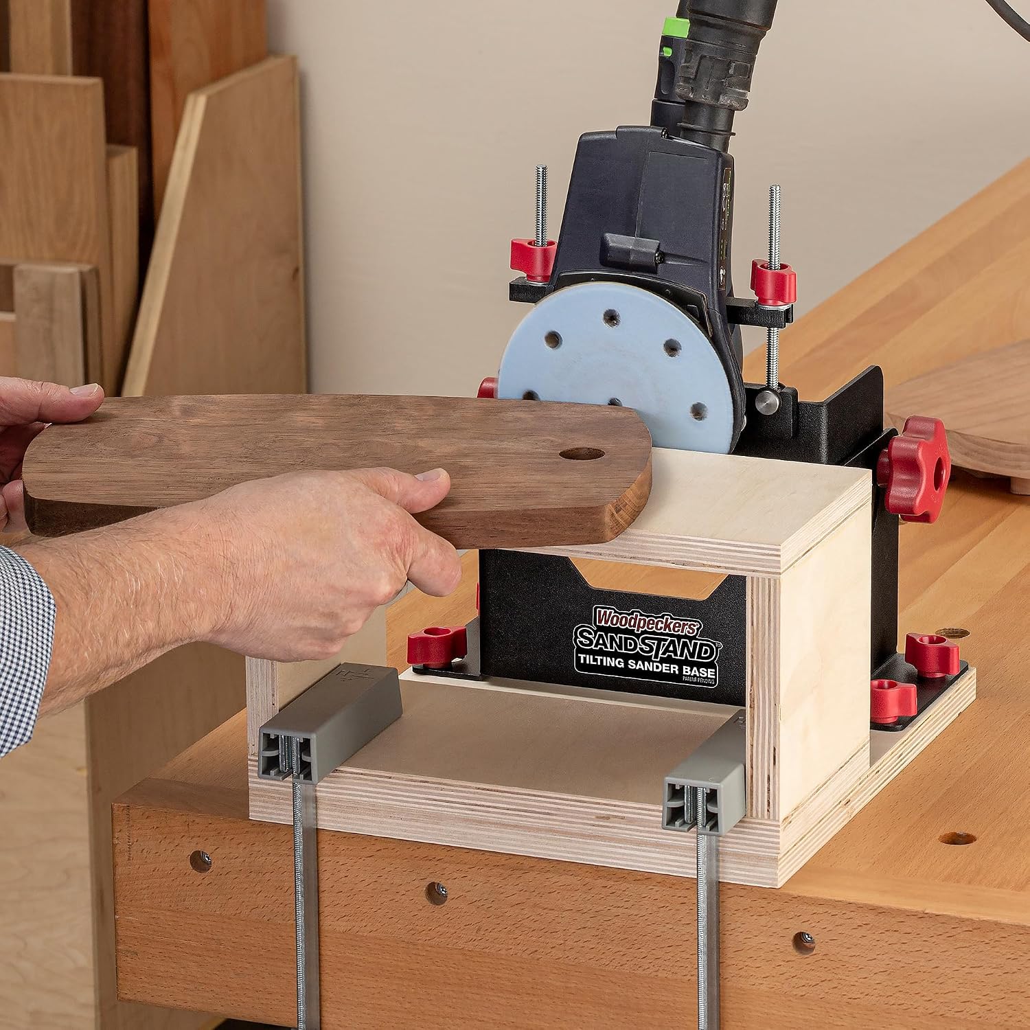 Woodpeckers SandStand Tilting Sander Base, Turns Palm Sanders & Orbital Sanders into Stationary Woodworking Sander, Fits Most 5' & 6' Roundish Sanders
