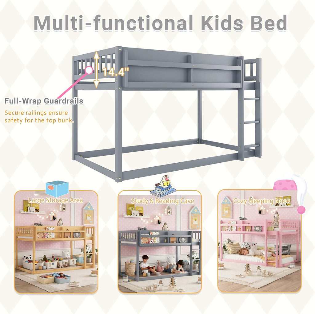 Low Bunk Bed Twin Over Twin for Kids, Wood Floor Bunk Beds with Bookshelf & Ladder, Low Profile Bunked with Full Guardrails for Kids, Juniors, Boys, Girls, Bedroom, Gray