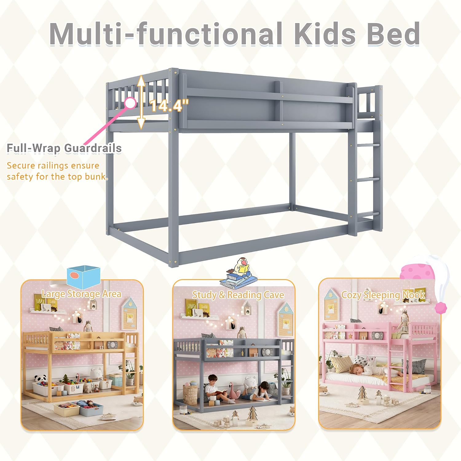 Low Bunk Bed Twin Over Twin for Kids, Wood Floor Bunk Beds with Bookshelf & Ladder, Low Profile Bunked with Full Guardrails for Kids, Juniors, Boys, Girls, Bedroom, Gray