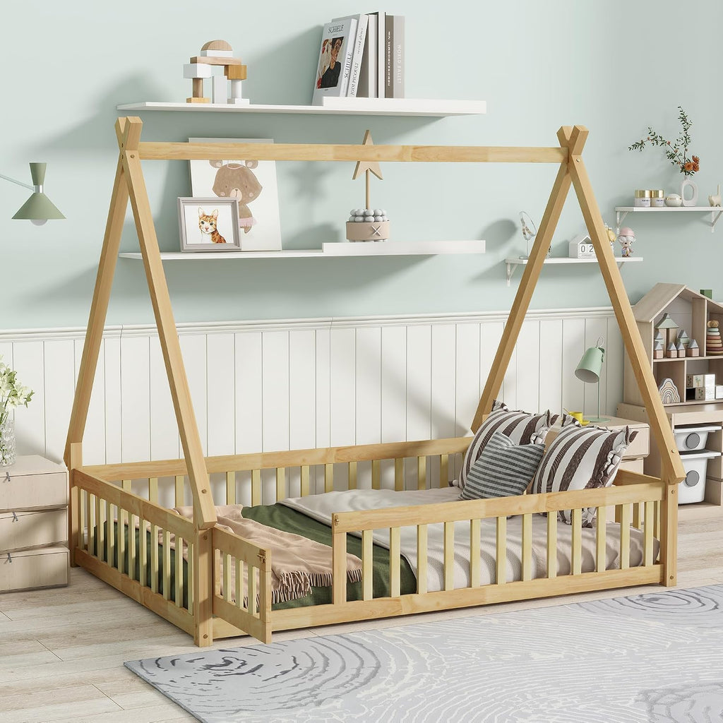 Bellemave Full Size Tent Floor Bed for Kids,Montessori Floor Bed with Door and Guardrails,Teepee Bed for Girls Boys(Full,Natural)
