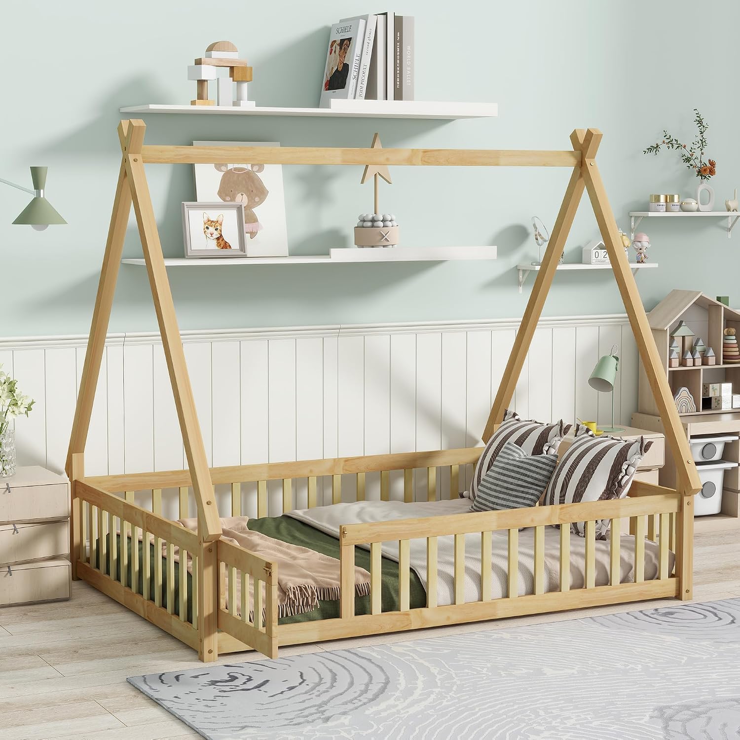 Bellemave Full Size Tent Floor Bed for Kids,Montessori Floor Bed with Door and Guardrails,Teepee Bed for Girls Boys(Full,Natural)