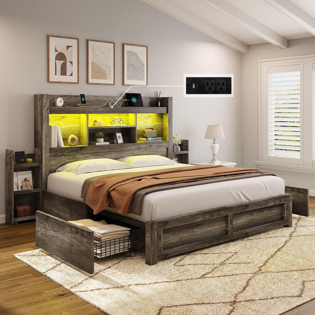 AMERLIFE Full Size Bed Frame with 4 Storage Drawers, LED Bed Frame with 49' Tall Bookcase Headboard, Wood Platform Bed with Charging Station & 2 Slide Bedside Shelf, No Box Spring Needed/Rustic Grey