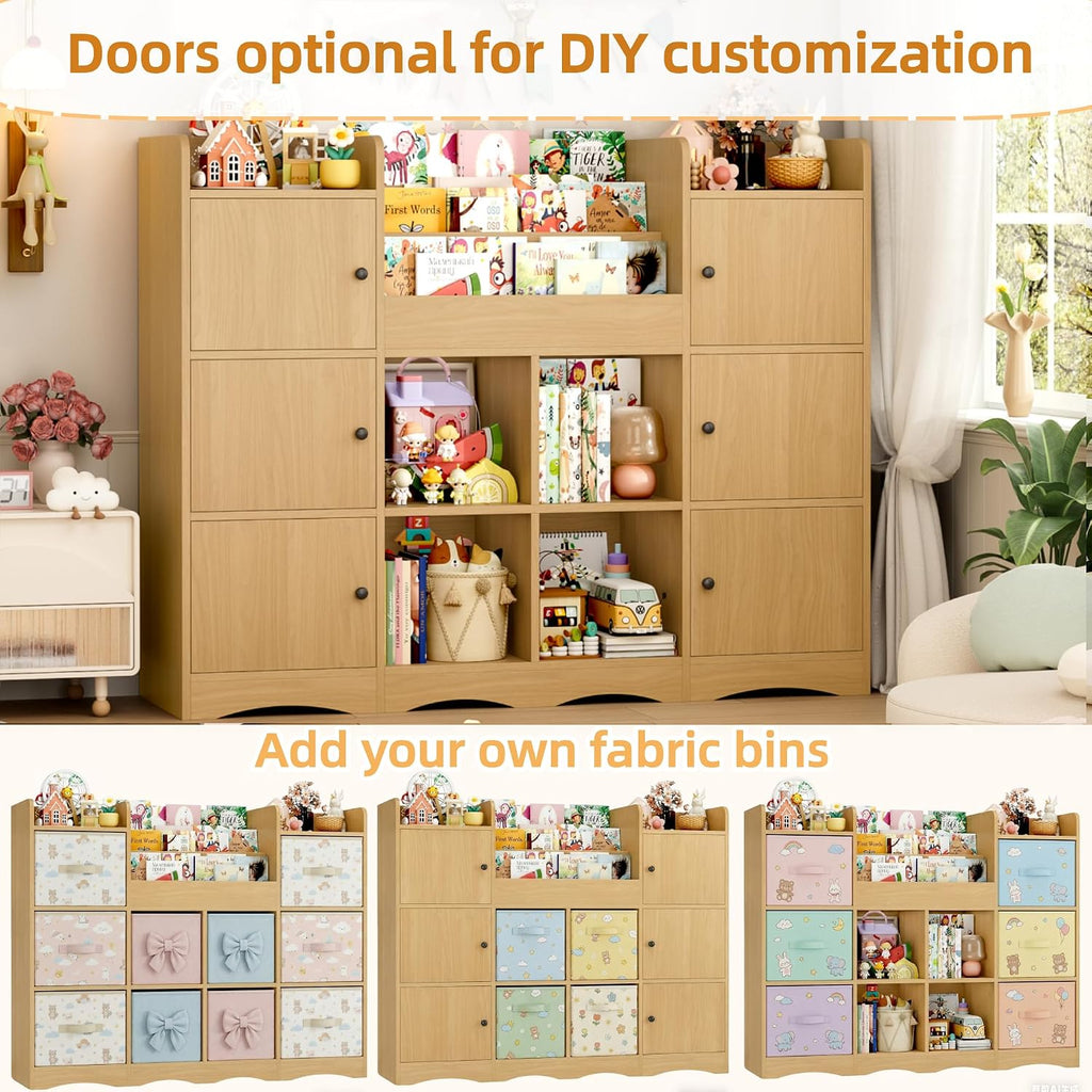 FINETONES Toy Shelf and Toy Storage, 55' Large Kids Bookshelf Toy Organizers and Storage with 10 Cubbies and 4 Tier Shelf, Toy Organizer and Chest with Raised-Edge Top Shelf for Playroom, Natural