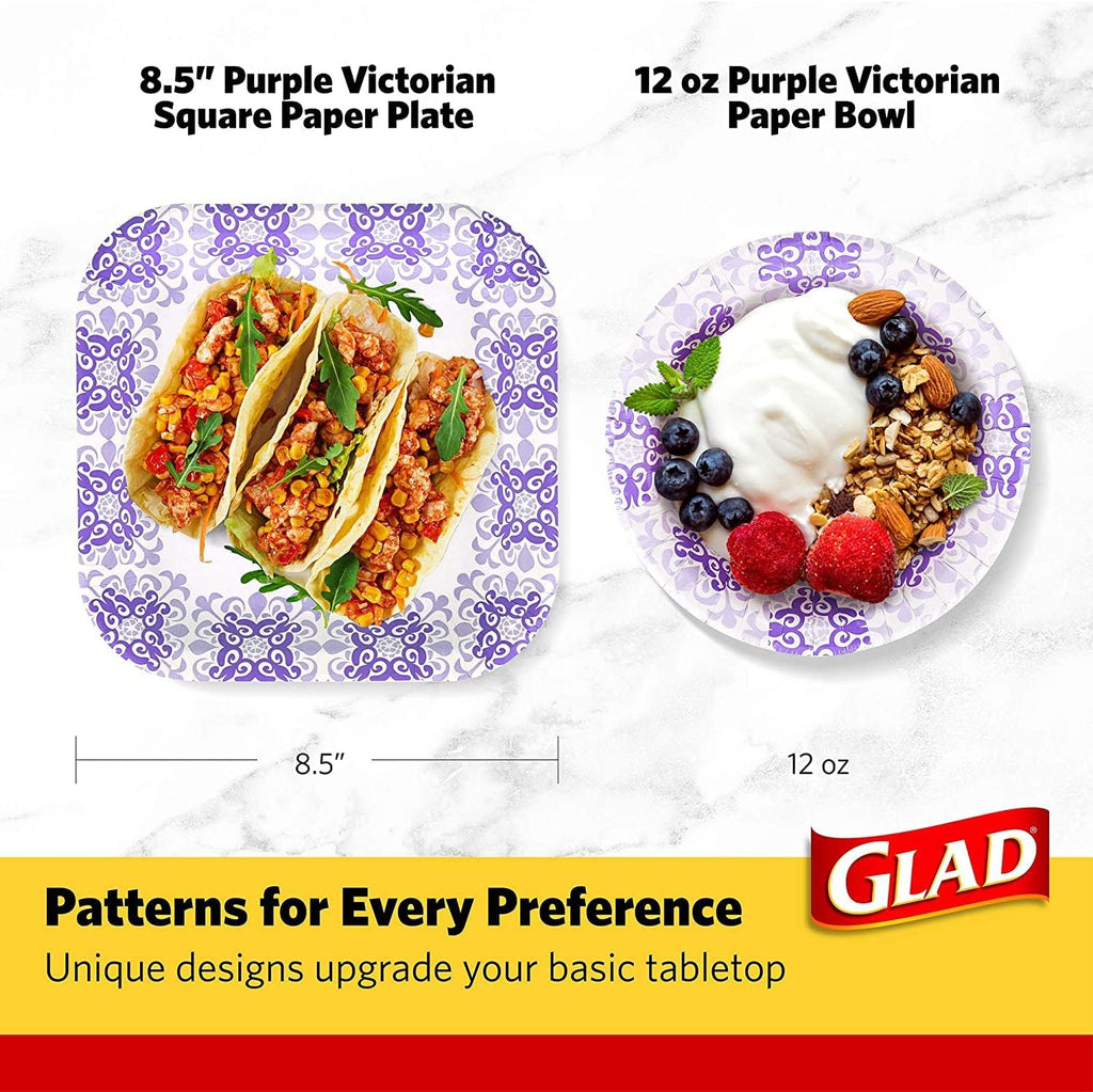 Glad Square Heavy Duty Paper Plates, Soak Proof and Cut Proof Disposable Plates for Parties and Everyday Meals, Microwaveable for Easy Serving, Purple Victorian Pattern, 8.5 Inch, 50 Count - 12 Pack