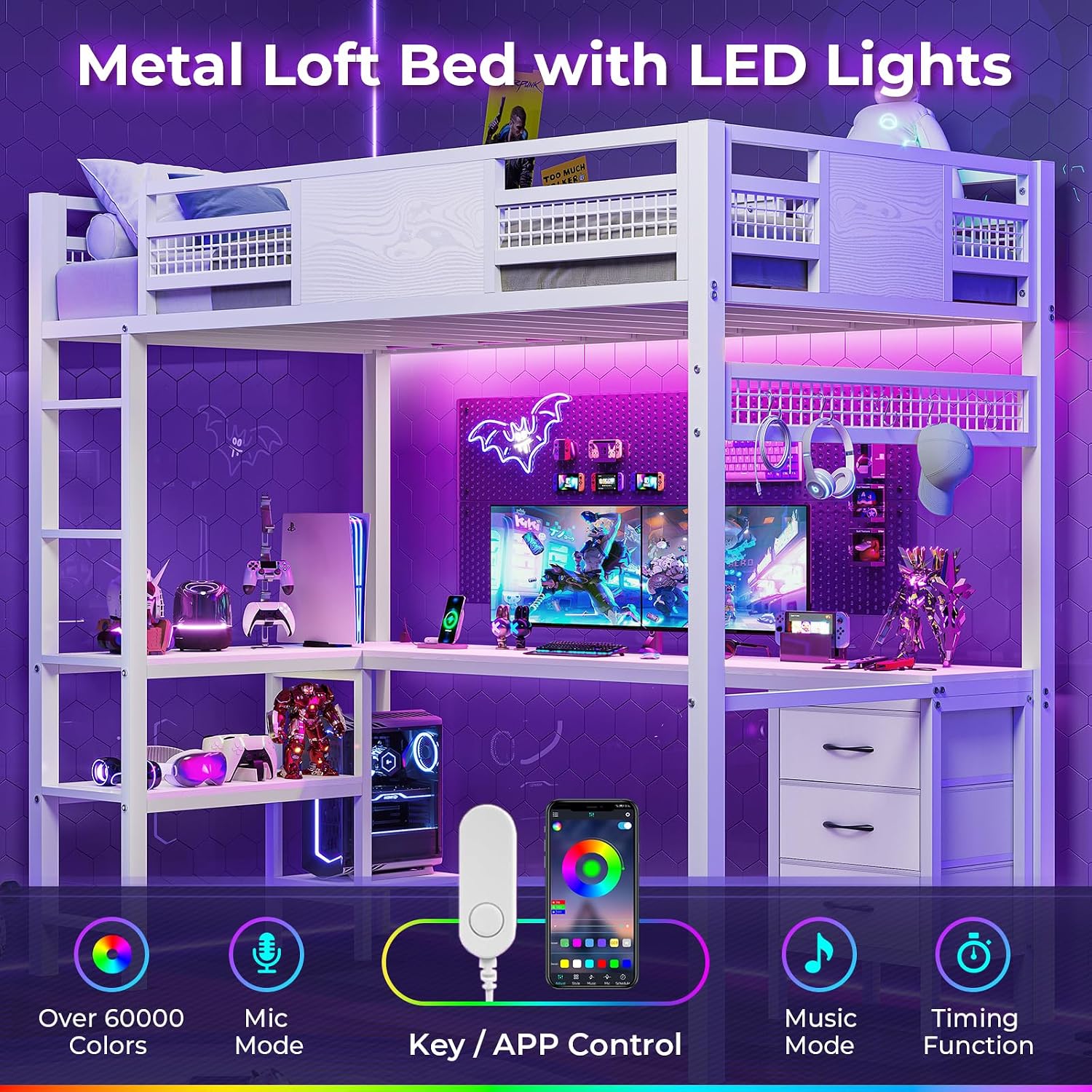 ADORNEVE Loft Bed Twin Size with L-Shaped Desk, LED Lights,Charging Station, Twin Metal Loft Bed Frame with Fabric Drawers & Shelve, 13.4' H Safety Guardrail, No Box Spring Needed, White