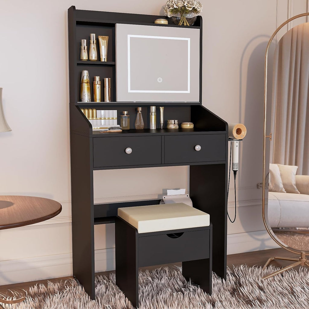 Viaozutis Vanity, Small Vanity Desk with Sliding Mirror, Dimmable LED Lights, 2 Drawers,Vanity Table Ideal for Bedroom (Black)