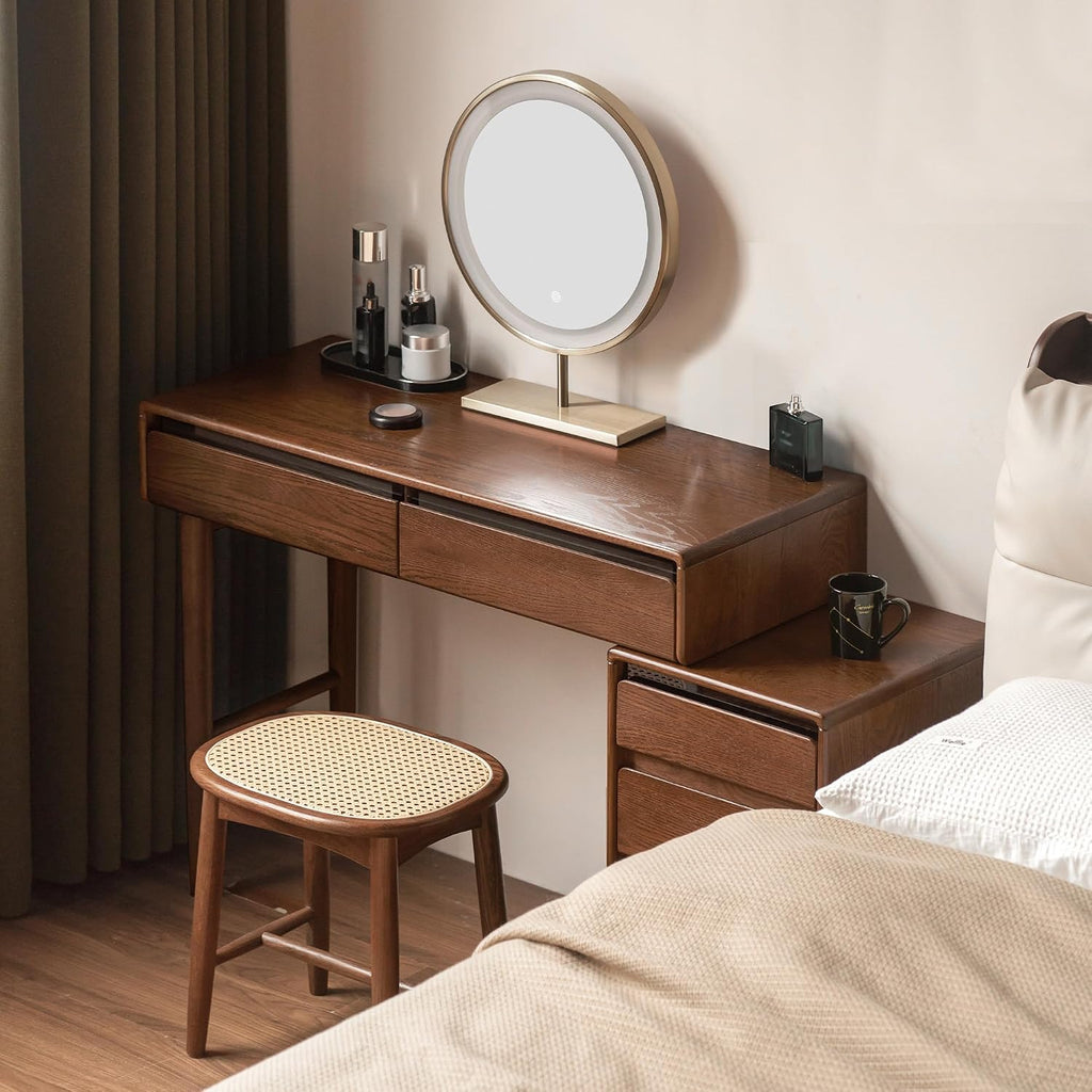 YESWOOD 32''-41'' Extendable Vanity Desk with Dresser, Oak Wood Makeup Table for Girls, Vanity Set for Bedroom, Bathroom, Study Desk for Study Room, No Chair and No Mirror