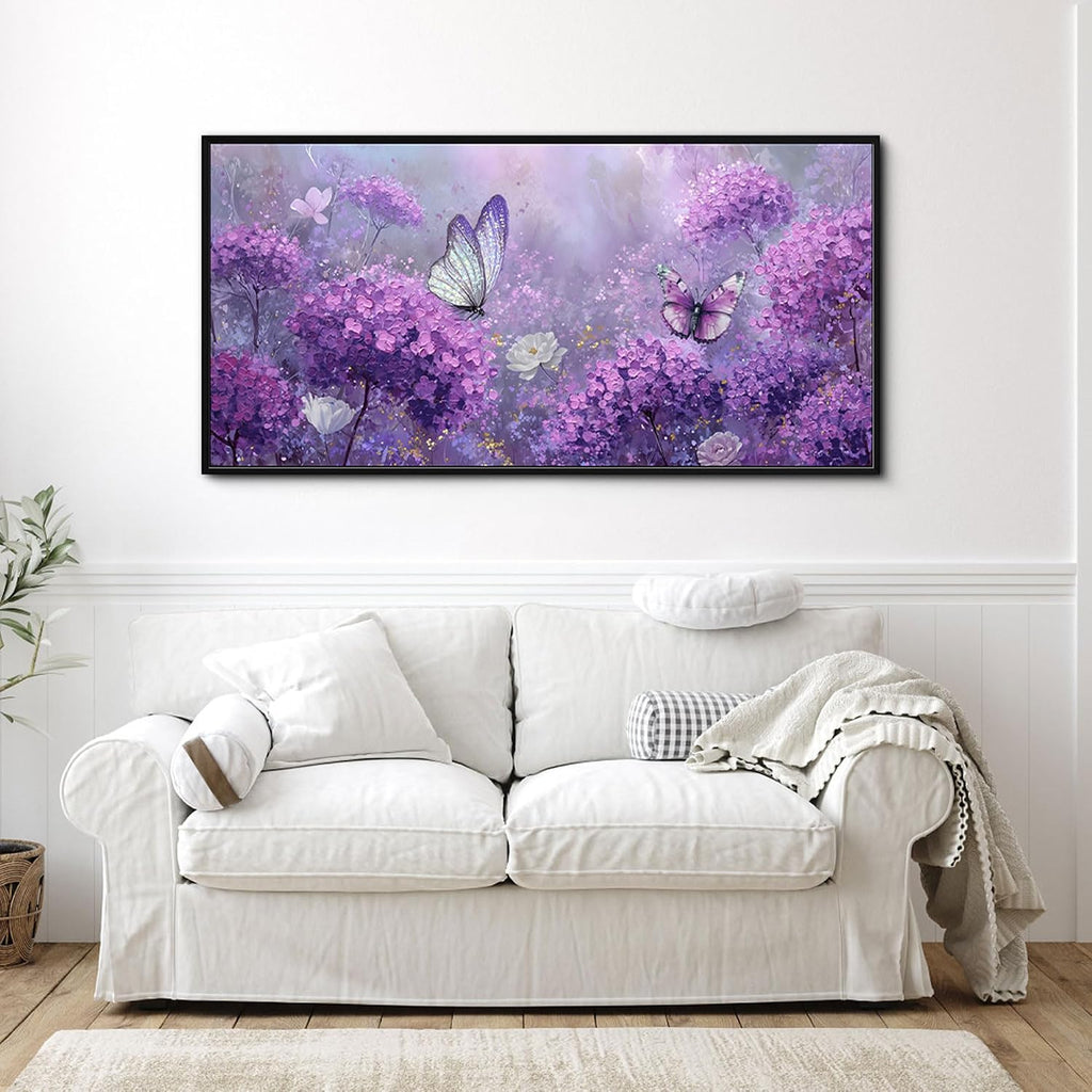 yiijeah Purple Wall Art Bedroom Canvas Lavender Bathroom Decor Butterfly Picture Items for Women Framed Artwork Print 48x24 Inches